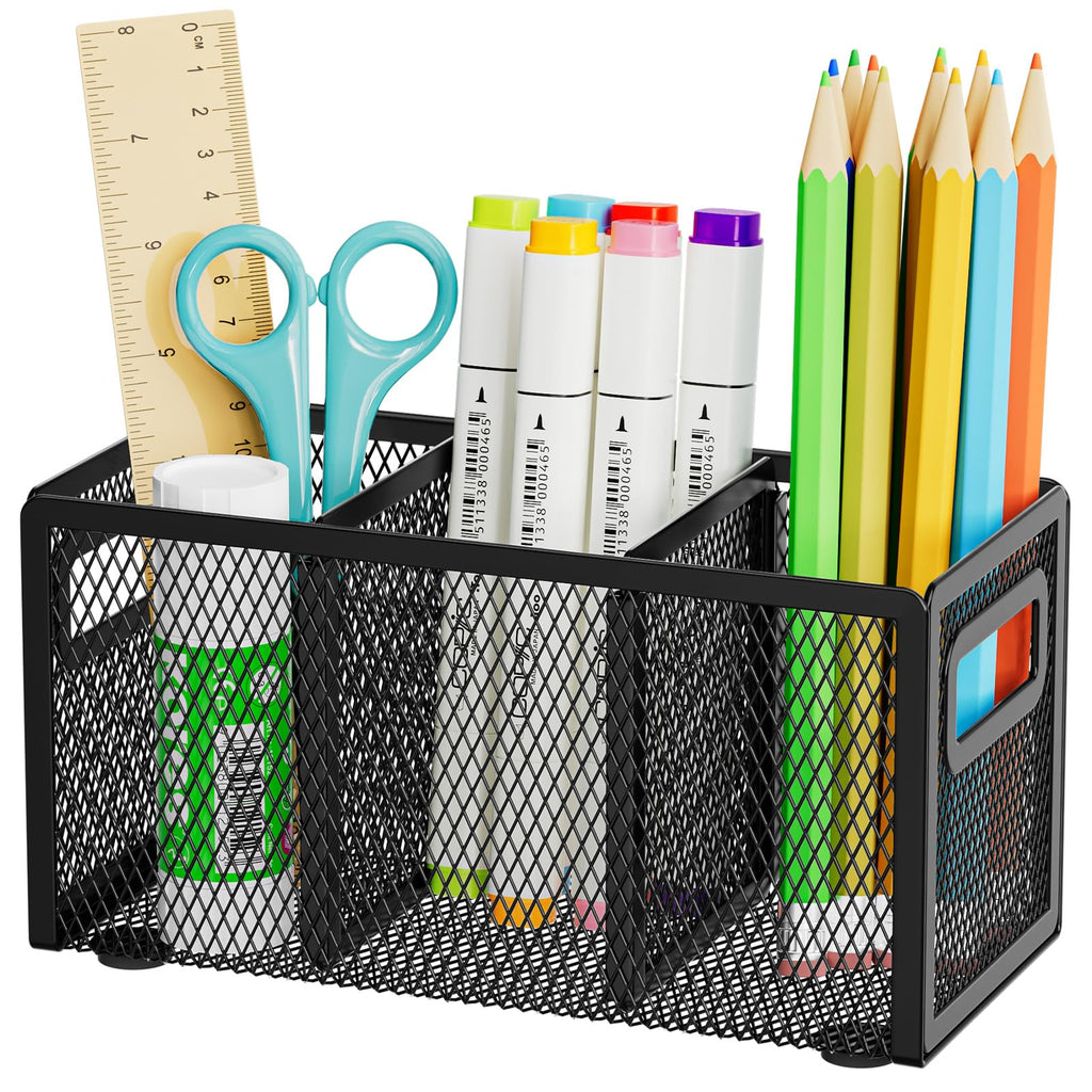 Marbrasse Mesh Pen Holder for Desk, Pencil Holder Desk Organizer 3 Adjustable Compartments, Pencil Cup with Handle Perfect for Classroom, Office, Home, Makeup, Art (Black)