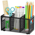 Marbrasse Mesh Pen Holder for Desk, Pencil Holder Desk Organizer 3 Adjustable Compartments, Pencil Cup with Handle Perfect for Classroom, Office, Home, Makeup, Art (Black)