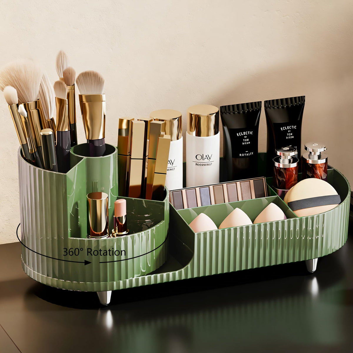 Pink Rotating Vanity Organizer with Brush Holder - Large Spinning Cosmetic Storage, Countertop Makeup & Skincare Organizer, Perfume & Lotions Display Case