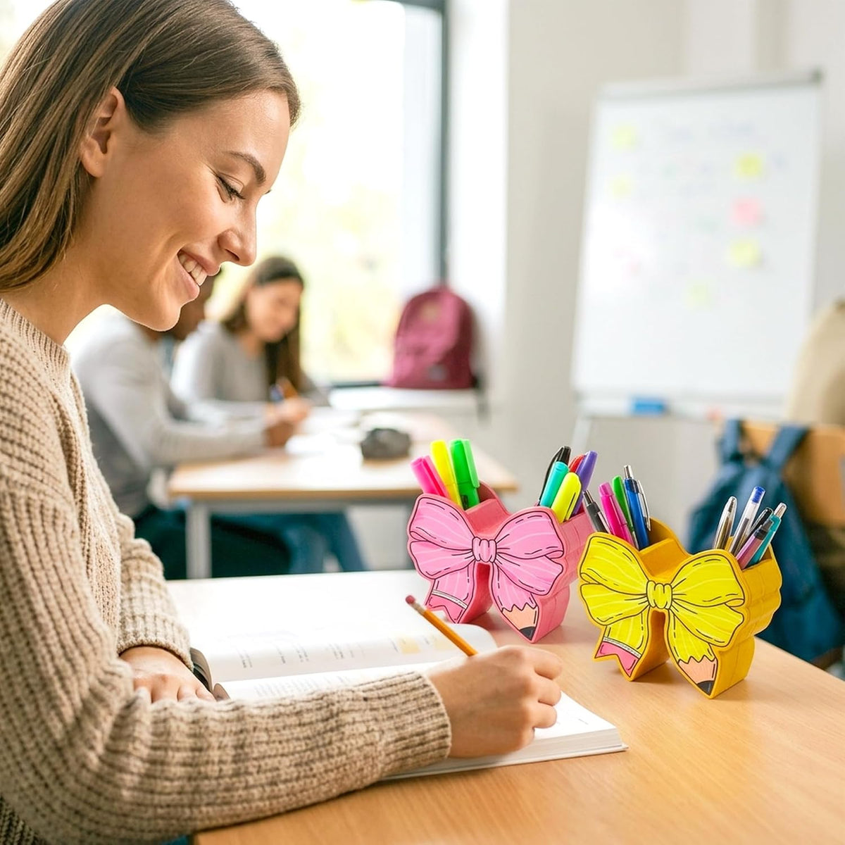 WATINC Bow Pencil and Pen Holder for Desk, 2 Pink Yellow Stationery Storage