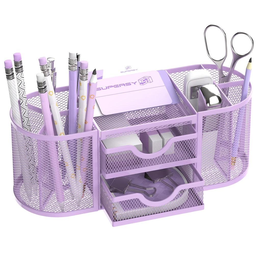 SUPEASY Mesh Desk Organizer, Pen Holder for Desk with 2 Drawers, Black