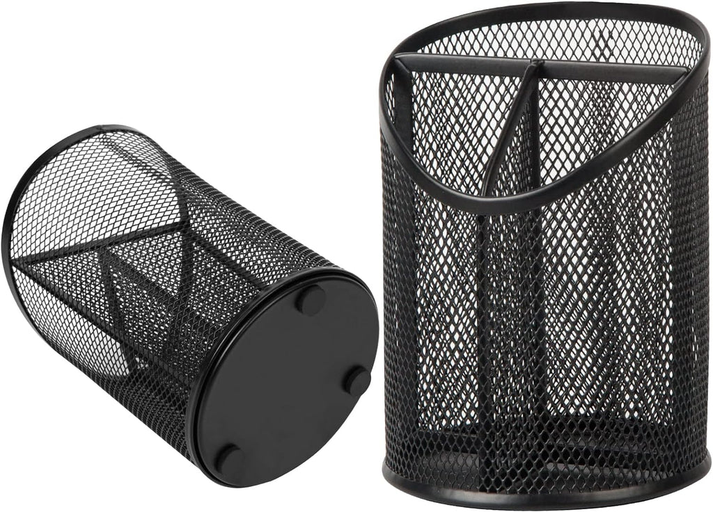 Delifox 2 Pack Pen Holder Mesh Round Pencil Holder 3 Compartments, Black