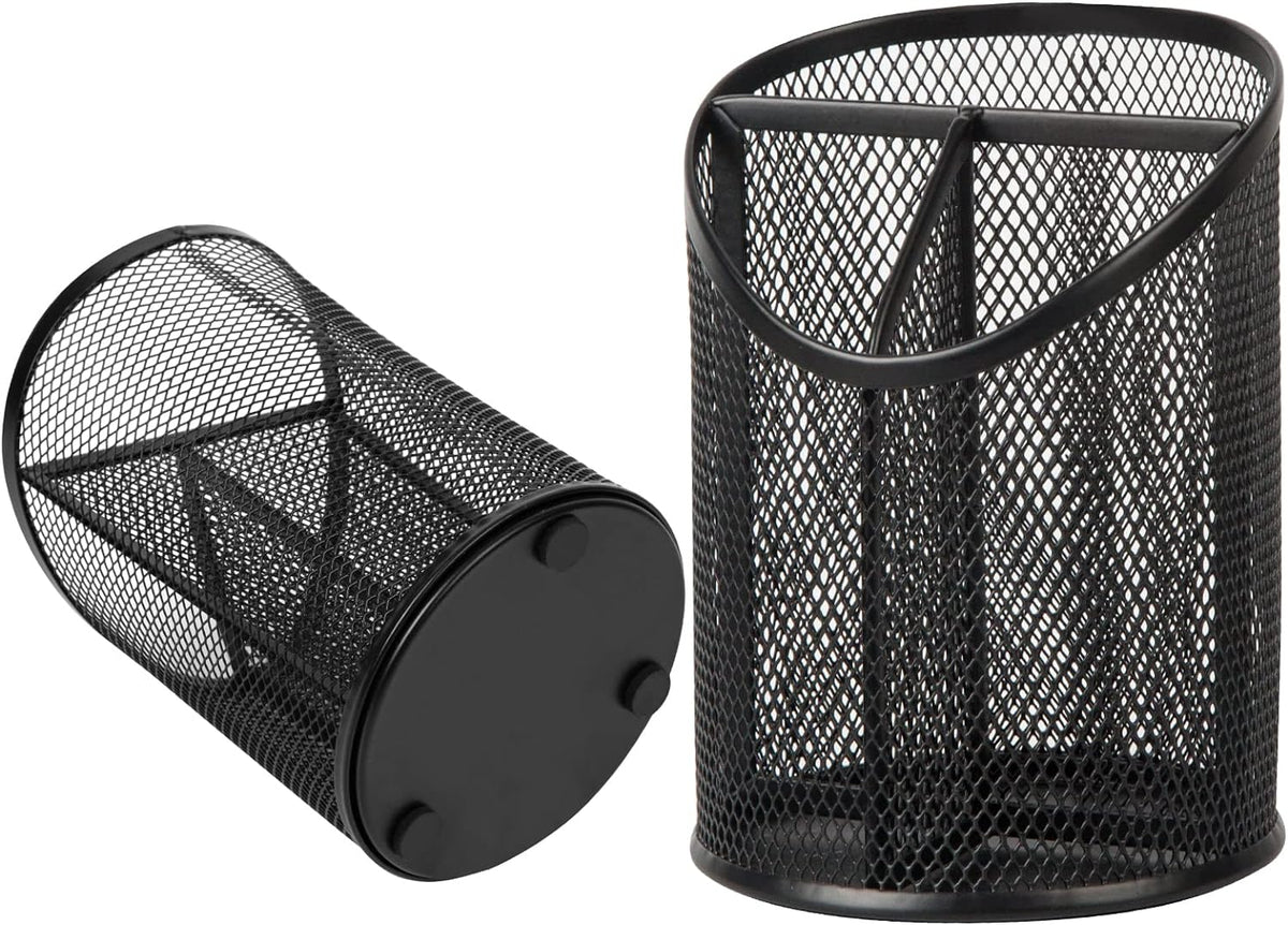Delifox 2 Pack Pen Holder Mesh Round Pencil Holder 3 Compartments, Black