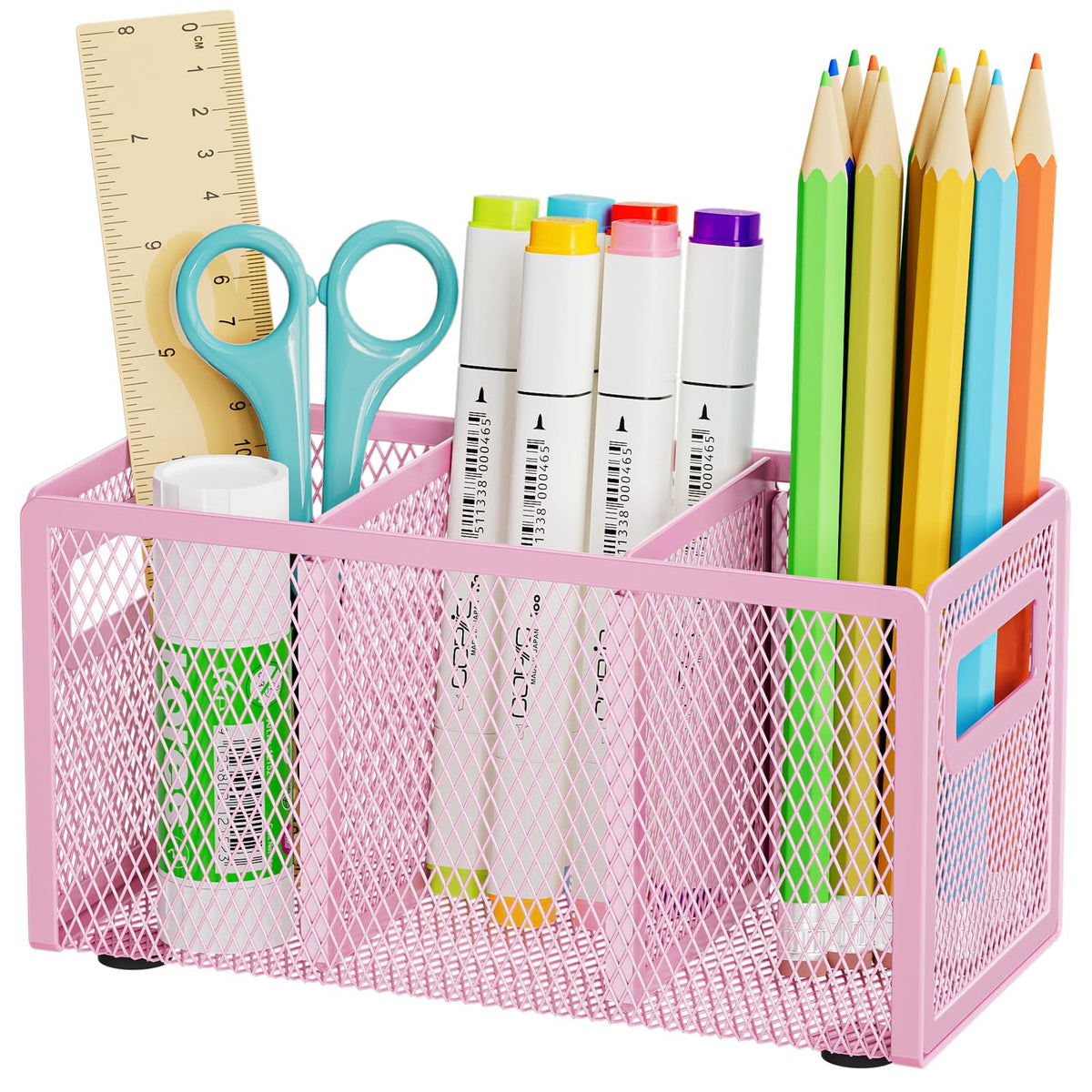 Marbrasse Mesh Pen Holder for Desk, Pencil Holder Desk Organizer 3 Adjustable Compartments, Pencil Cup with Handle Perfect for Classroom, Office, Home, Makeup, Art (Black)