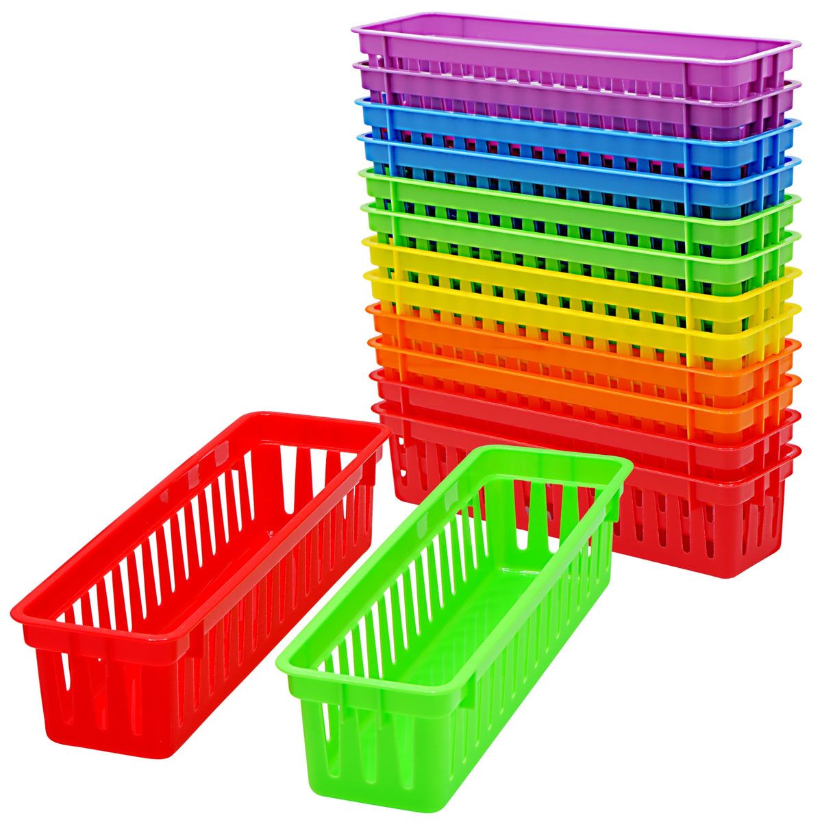 4E's Novelty 12 Pack Pencil Holder for Kids Desk, Colorful Plastic Pen Baskets Tray for Organizing Classroom Supplies, Plastic Caddy for Desk and Elementary Teacher Supplies for Classroom