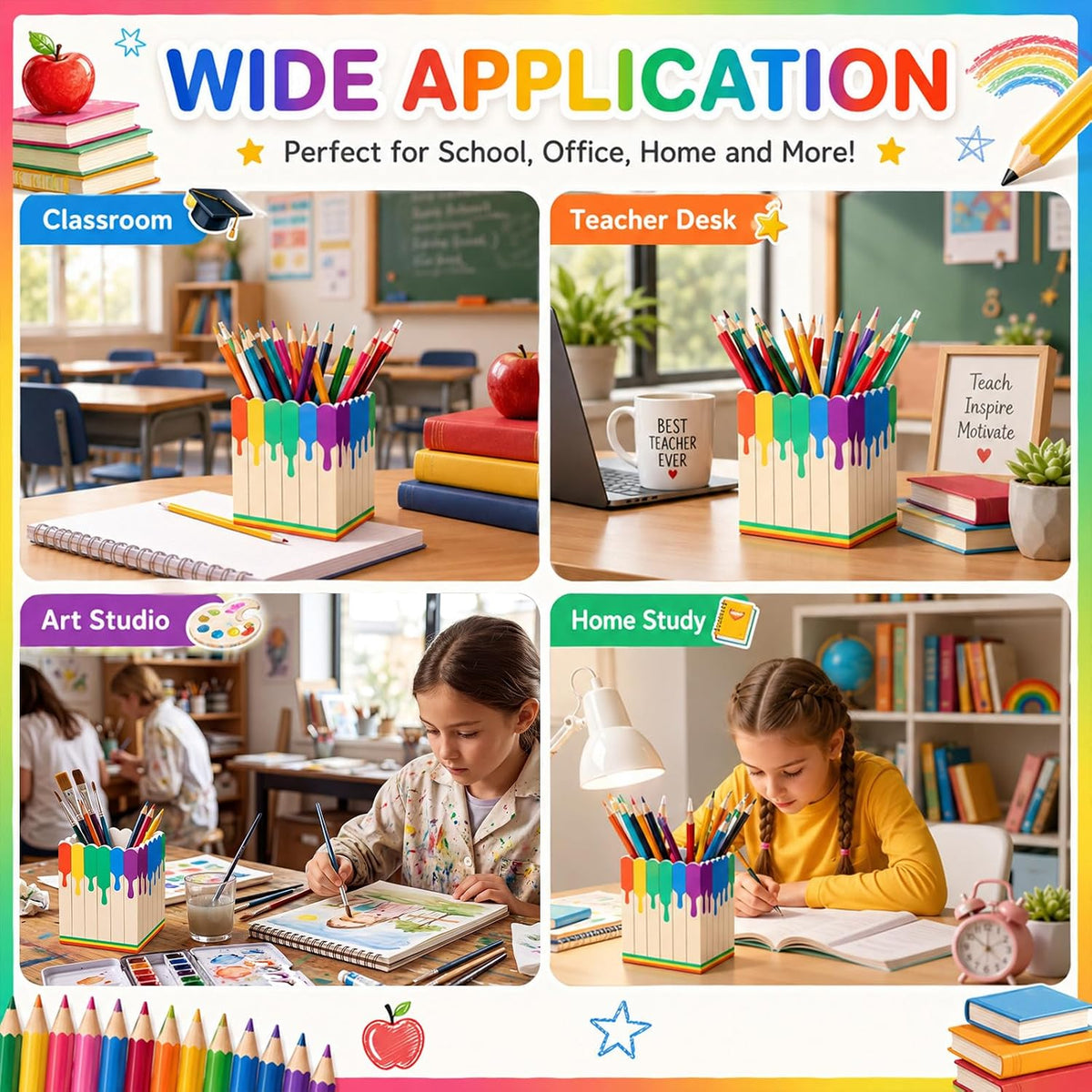 Sherr 2 Pcs Wood Pencil Holder Art Painting Classroom Decor Pen Holder for Classroom Back to School Wooden Crayon Organizer Pencil Storage for Teacher Students First Day School Gifts Office Desk