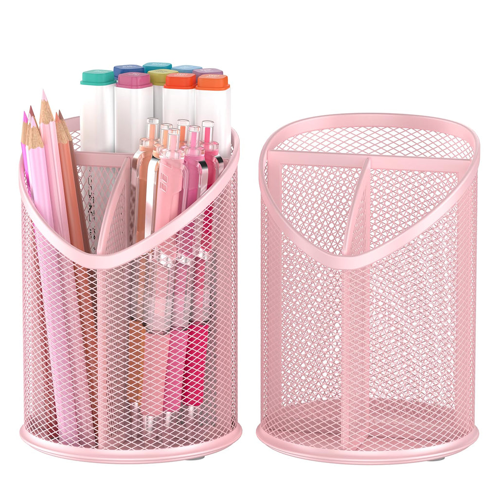 Delifox 2 Pack Pen Holder Mesh Round Pencil Holder 3 Compartments, Black