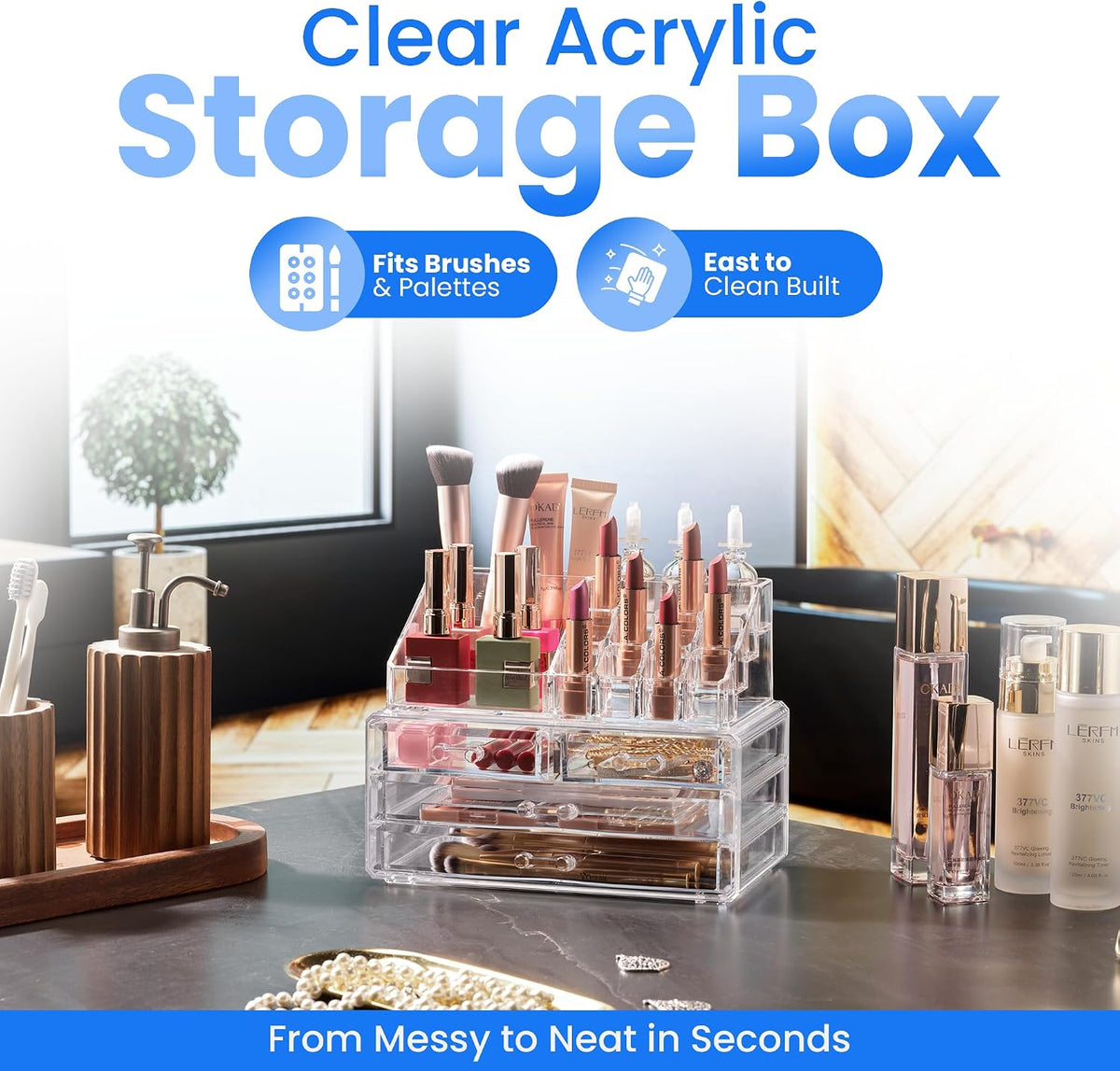 Masirs Clear Makeup Organizer with 4 Drawers 16 Compartments, Countertop