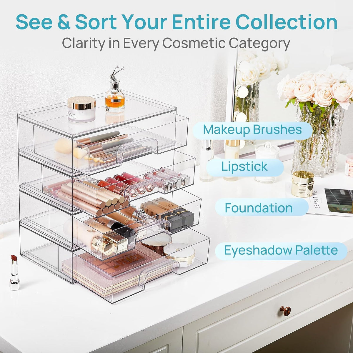 Vtopmart Clear Stackable Storage Drawers, 2 Pack Wide Plastic Organizers