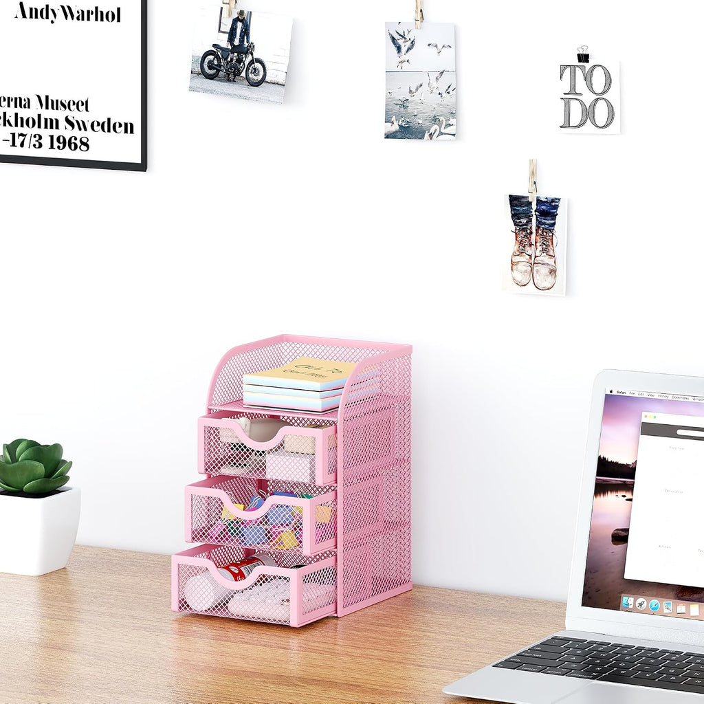 EasyPAG Mesh Desk Organizer with 3 Drawer Office Desktop Organizers and Accessories Stationery Caddy for Office, Home, Students, Pink