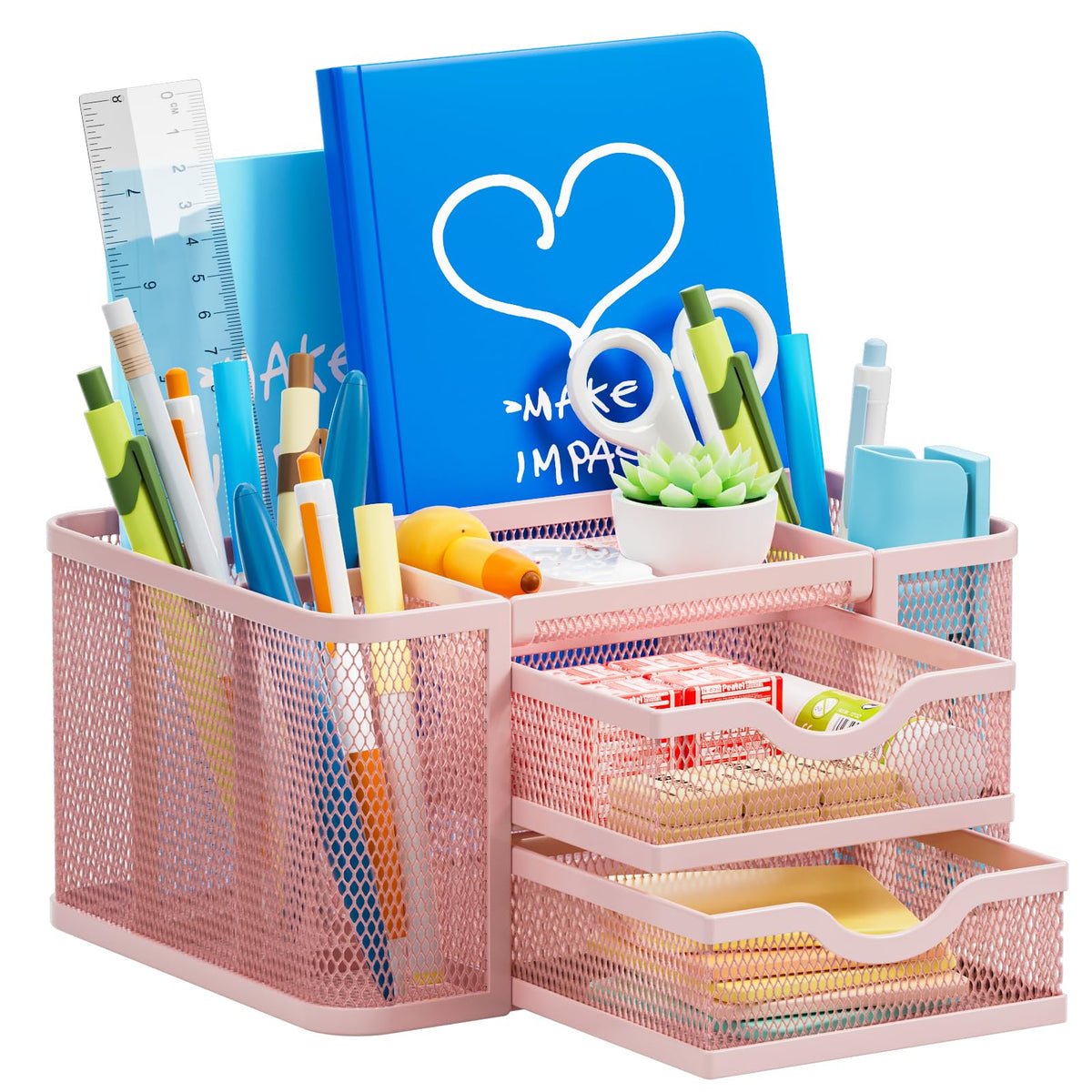 Marbrasse Mesh Desk Organizer, Pen Organizer with 2 Drawer, Multi-Functional Pencil Holder, Desk Organizers and Accessories with 5 Compartments + Drawer for Office Art Supplies (Black)