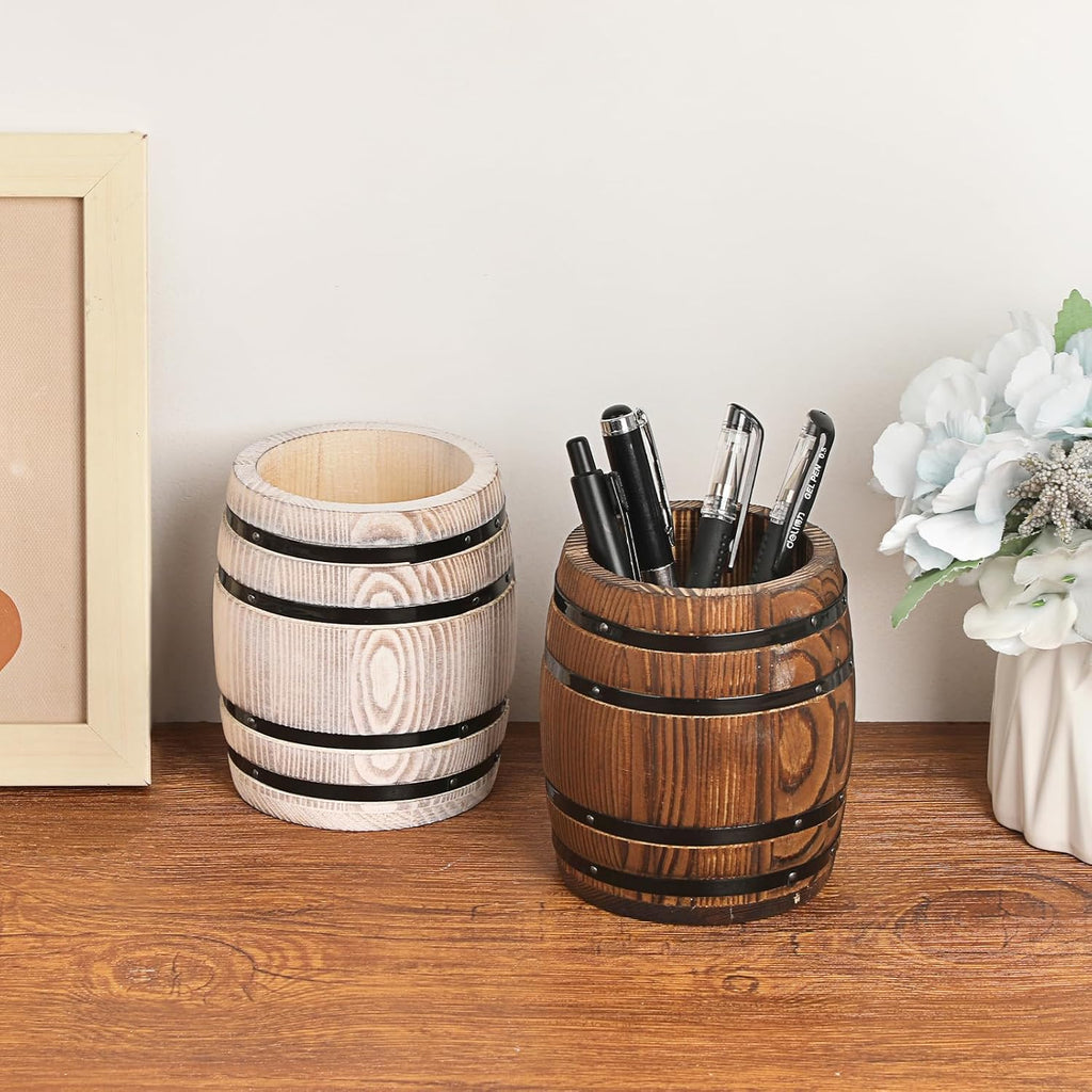 Rustic Wooden Pen Holders for Desk, Wine Barrel Funny Pencil Cup