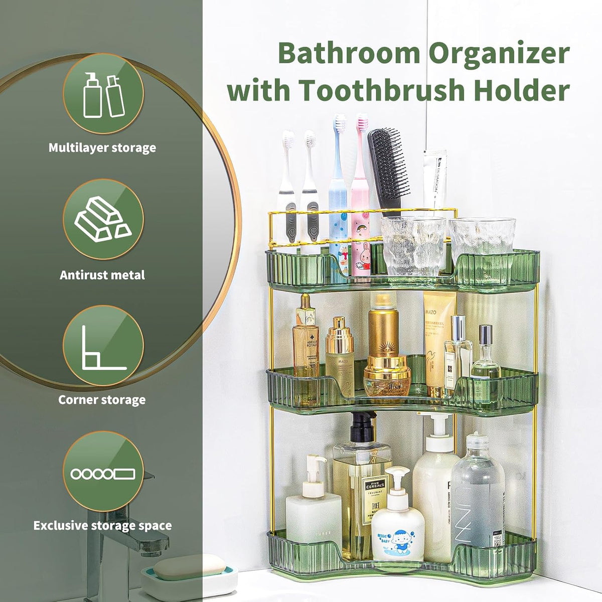 Makeup Organizer 3 Tier Bathroom Counter Organizer with Makeup Brush Holder