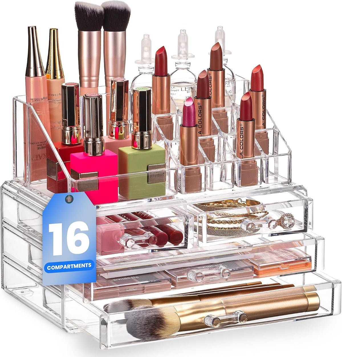 Masirs Clear Makeup Organizer with 4 Drawers 16 Compartments, Countertop
