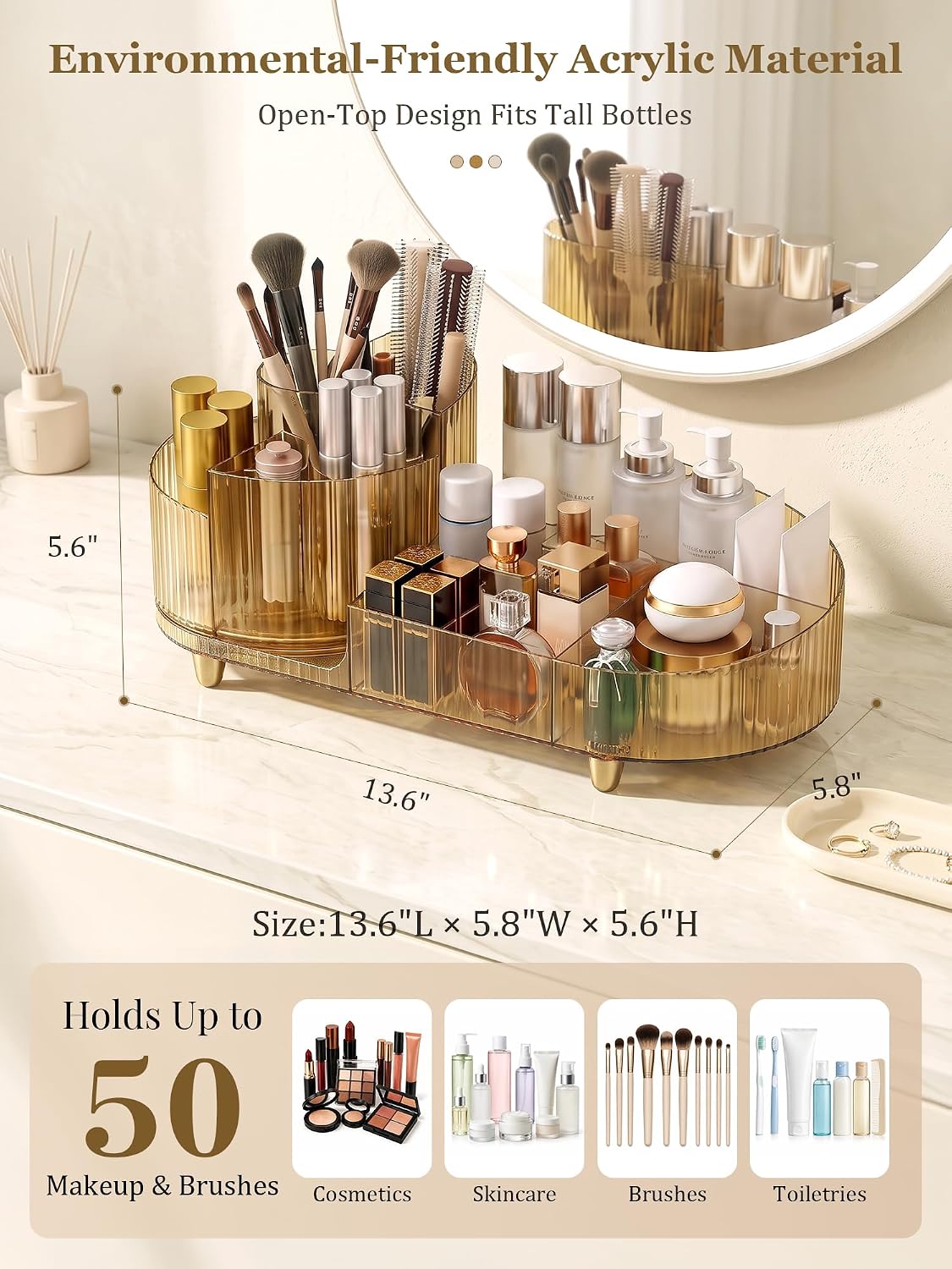 Booklov Rotating Makeup Organizer for Vanity Countertop, Amber