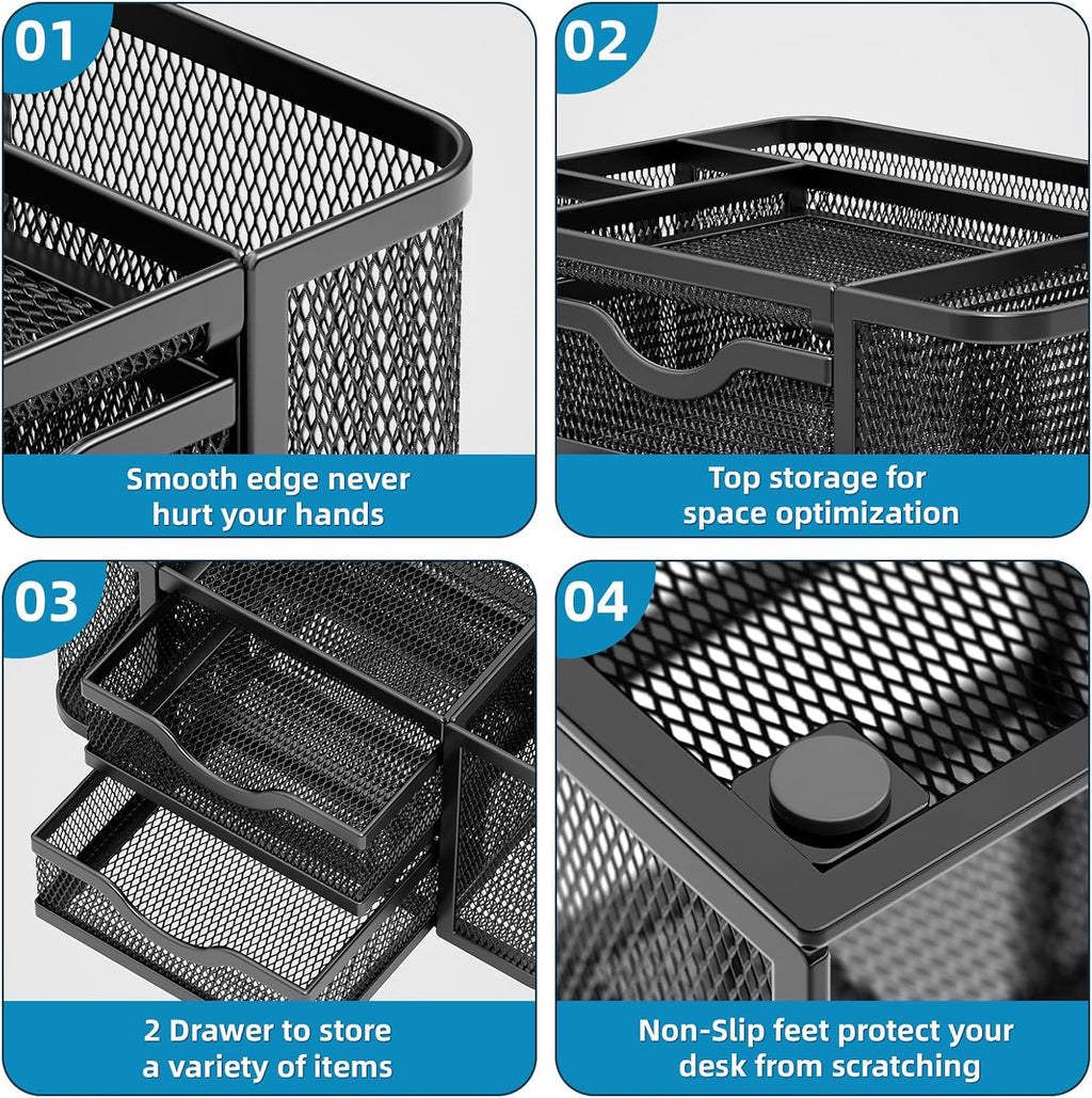 Marbrasse Mesh Desk Organizer, Pen Organizer with 2 Drawer, Multi-Functional Pencil Holder, Desk Organizers and Accessories with 5 Compartments + Drawer for Office Art Supplies (Black)