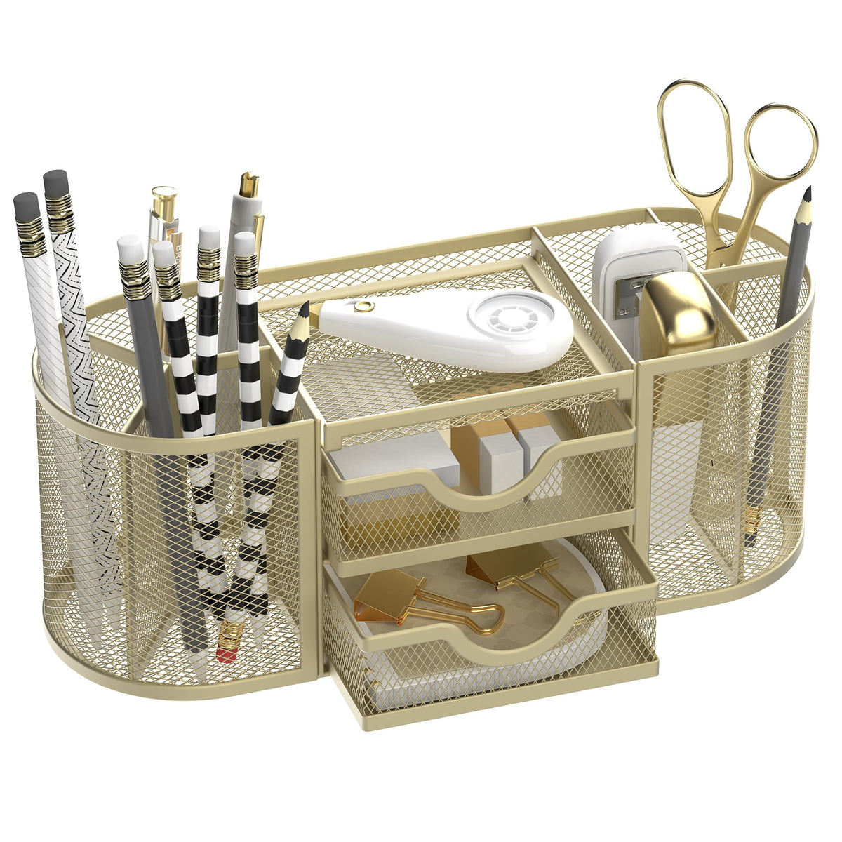 SUPEASY Mesh Desk Organizer, Pen Holder for Desk with 2 Drawers, Black