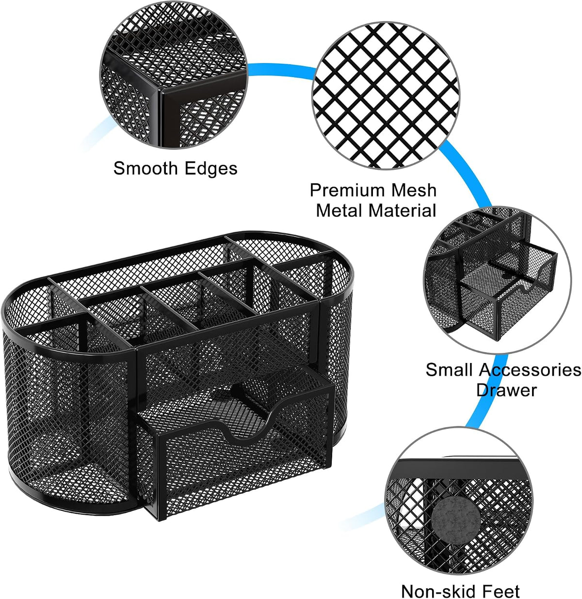 EasyPAG Mesh Pen Holder Desk Organizer with Drawer Stationery Supplies Organizer for Dorm School 9 Compartments Workspace Desk Accessories Organization for Office, Black