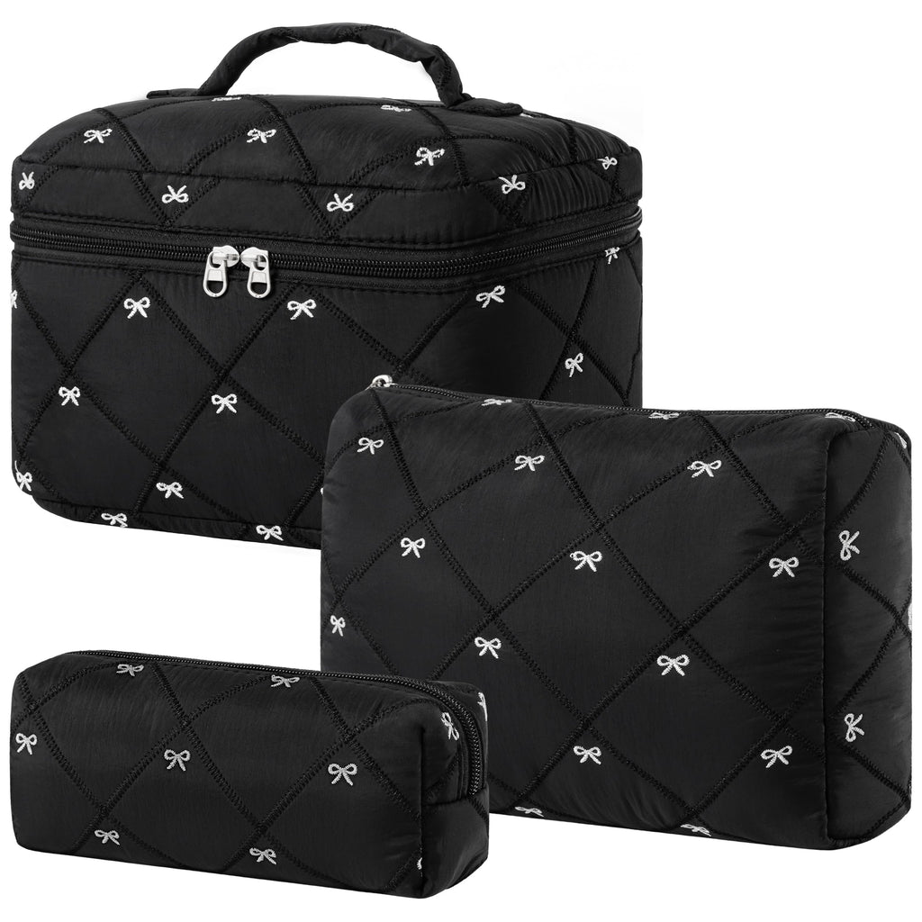 HBselect Quilted Makeup Bag, 3Pcs Cotton Large Travel Makeup Bags Organizer