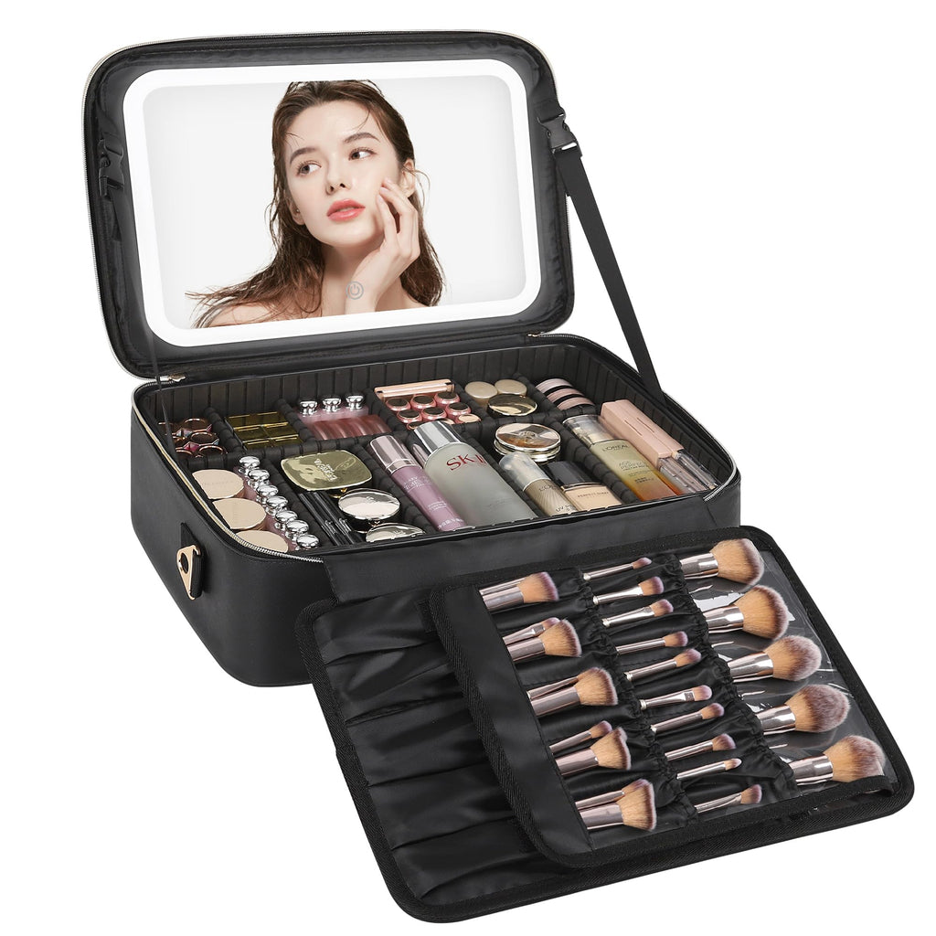 Relavel Travel Makeup Bag With LED Mirror, Cosmetic Train Case with Light up Mirror, Portable Makeup Artist Organizer Bag with Adjustable Dividers, Makeup Brush Holder Storage, Black