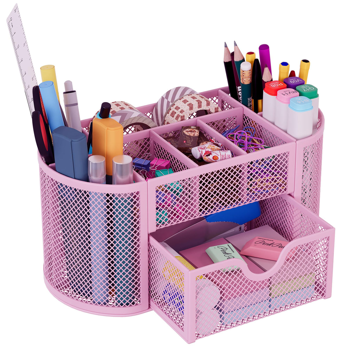 EasyPAG Mesh Pen Holder Desk Organizer with Drawer Stationery Supplies Organizer for Dorm School 9 Compartments Workspace Desk Accessories Organization for Office, Black