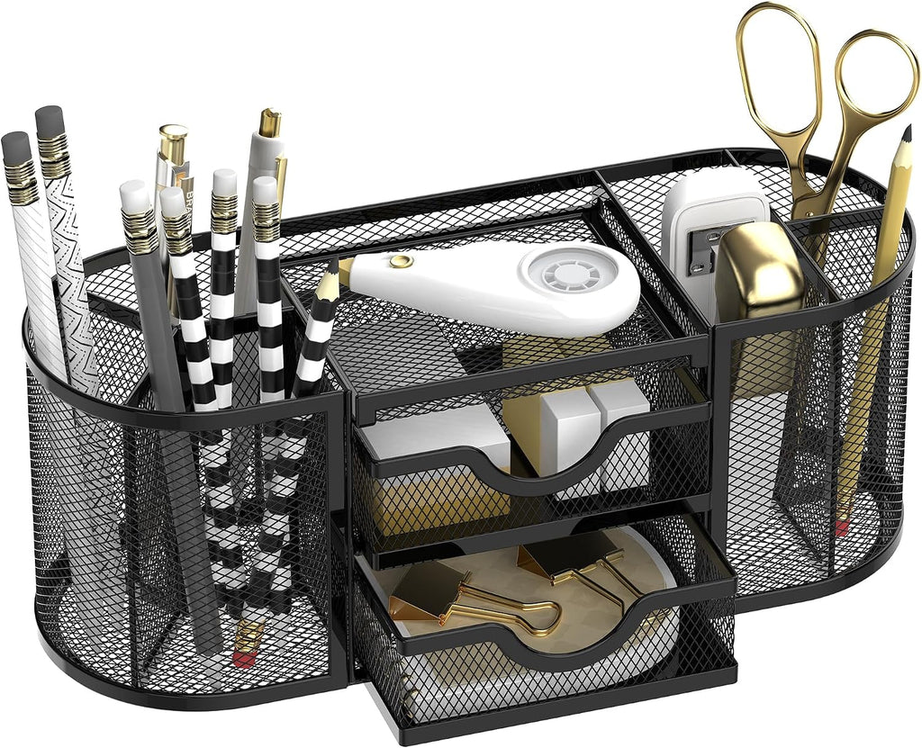 SUPEASY Mesh Desk Organizer, Pen Holder for Desk with 2 Drawers, Black
