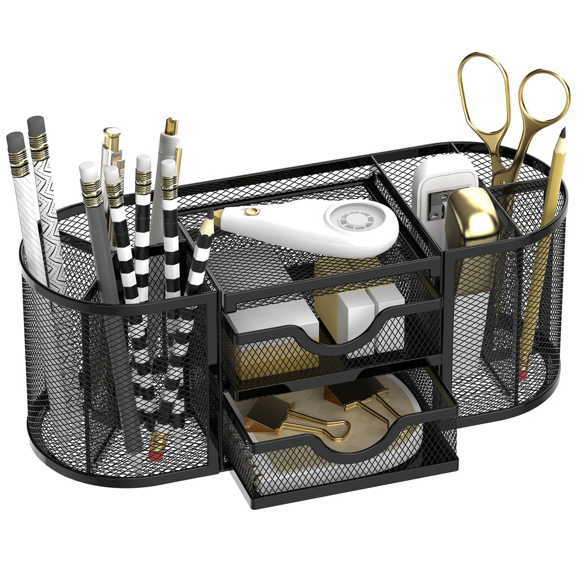 SUPEASY Mesh Desk Organizer, Pen Holder for Desk with 2 Drawers, Black