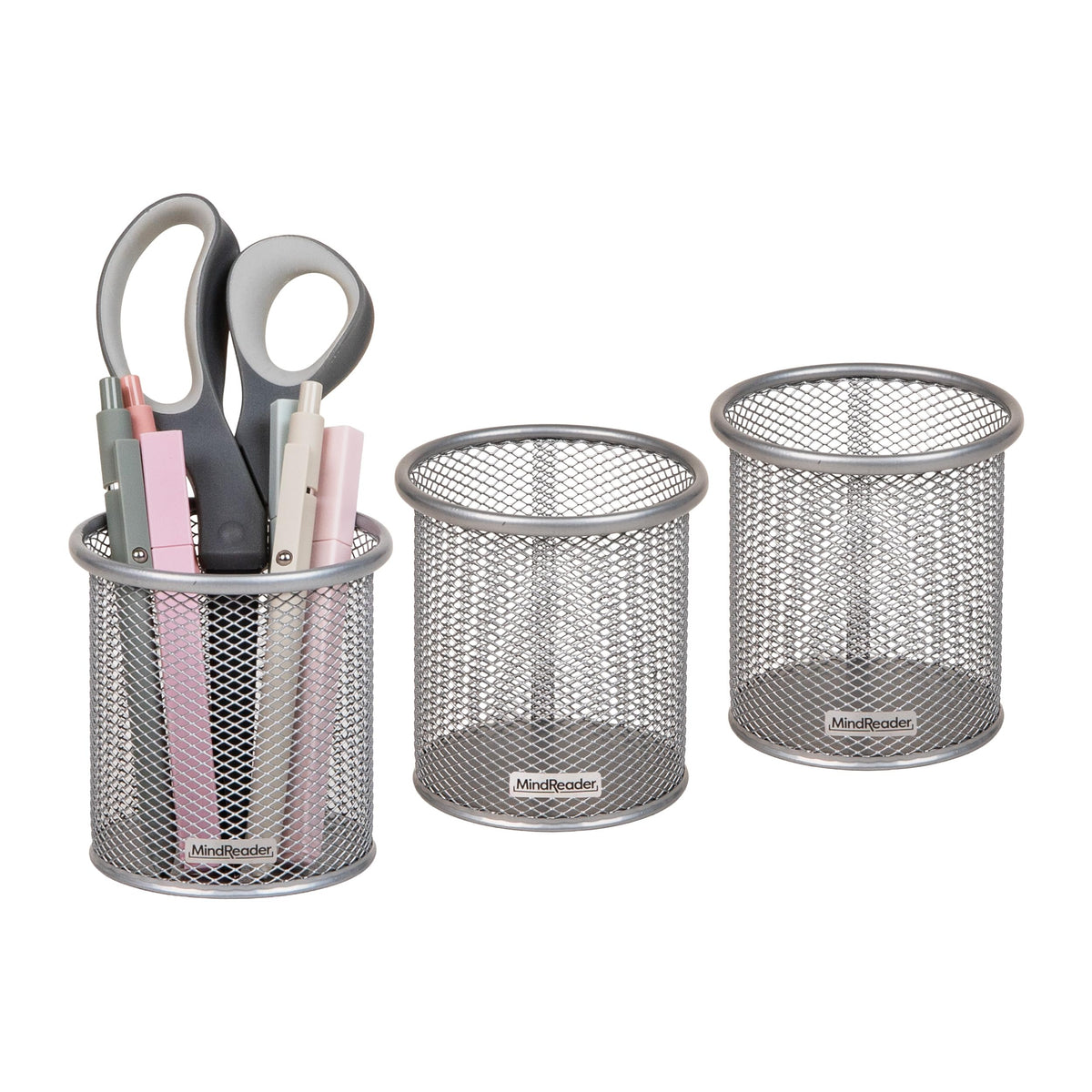Mind Reader Pen and Accessories Holder, Desktop Organizer, Office, Metal Mesh, 3.5"L x 3.5"W x 3.75"H, Set of 3, Black