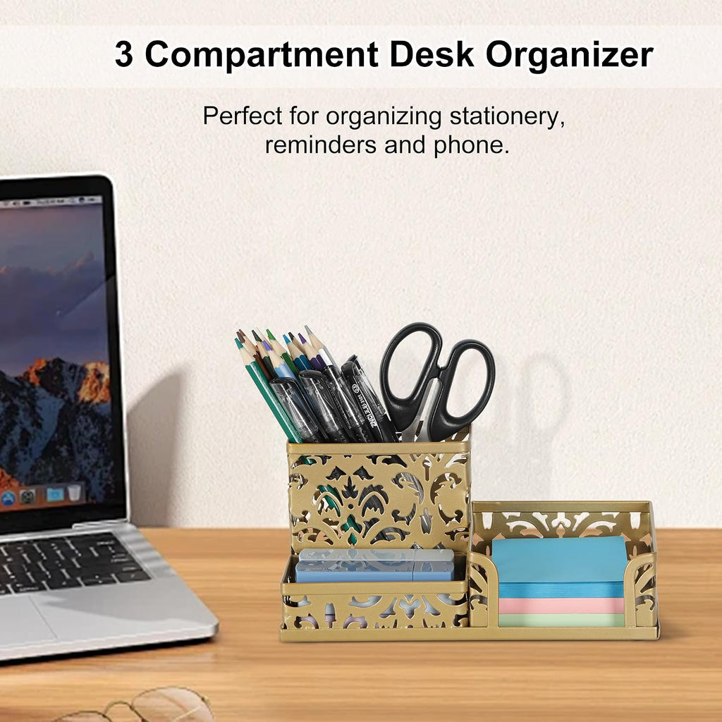 EasyPAG Desk Organizer 3 Compartment Pen Holder for Desk Office Supplies Caddy with Sticky Notes Holder for School Home, Gold