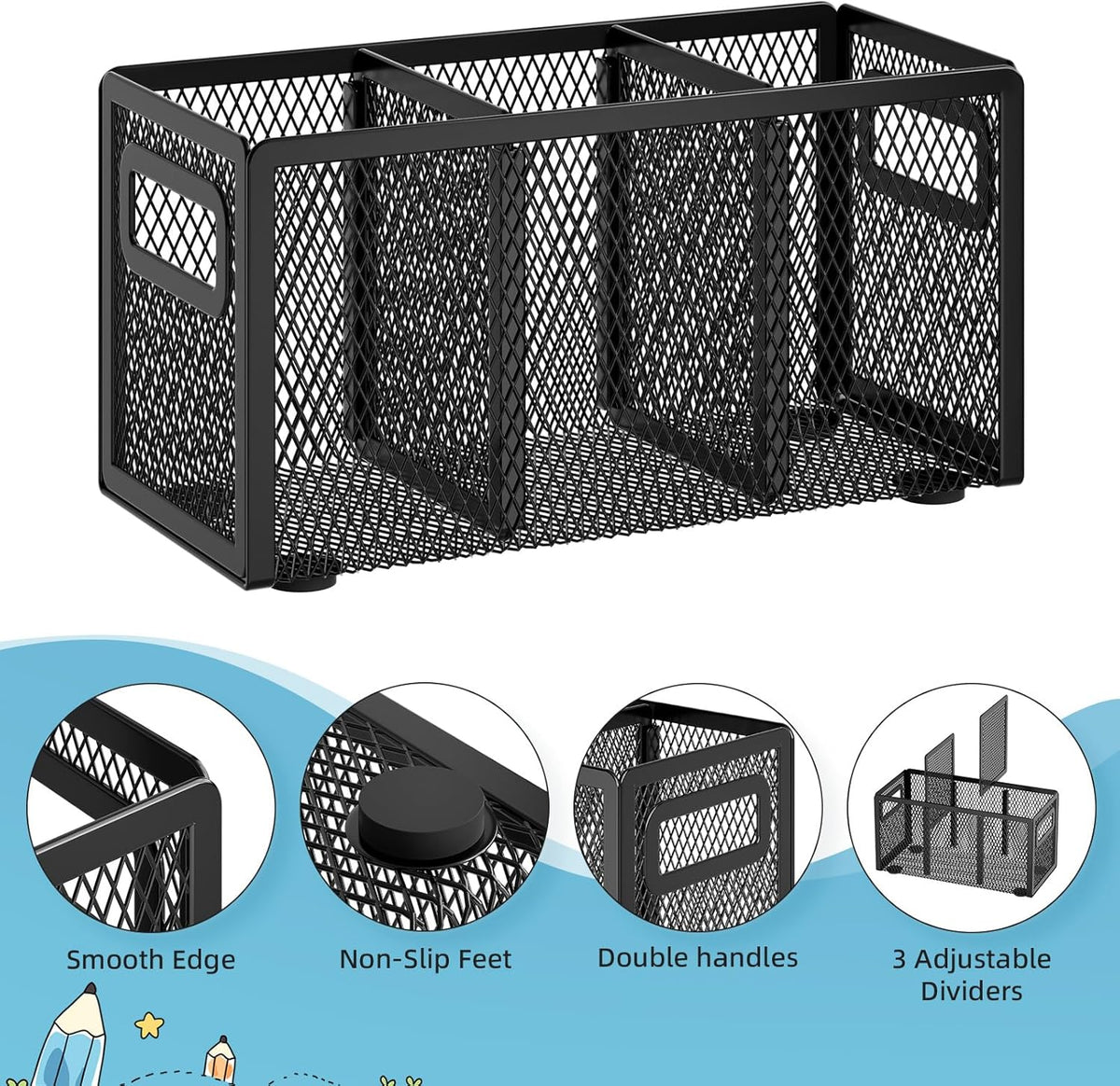 Marbrasse Mesh Pen Holder for Desk, Pencil Holder Desk Organizer 3 Adjustable Compartments, Pencil Cup with Handle Perfect for Classroom, Office, Home, Makeup, Art (Black)