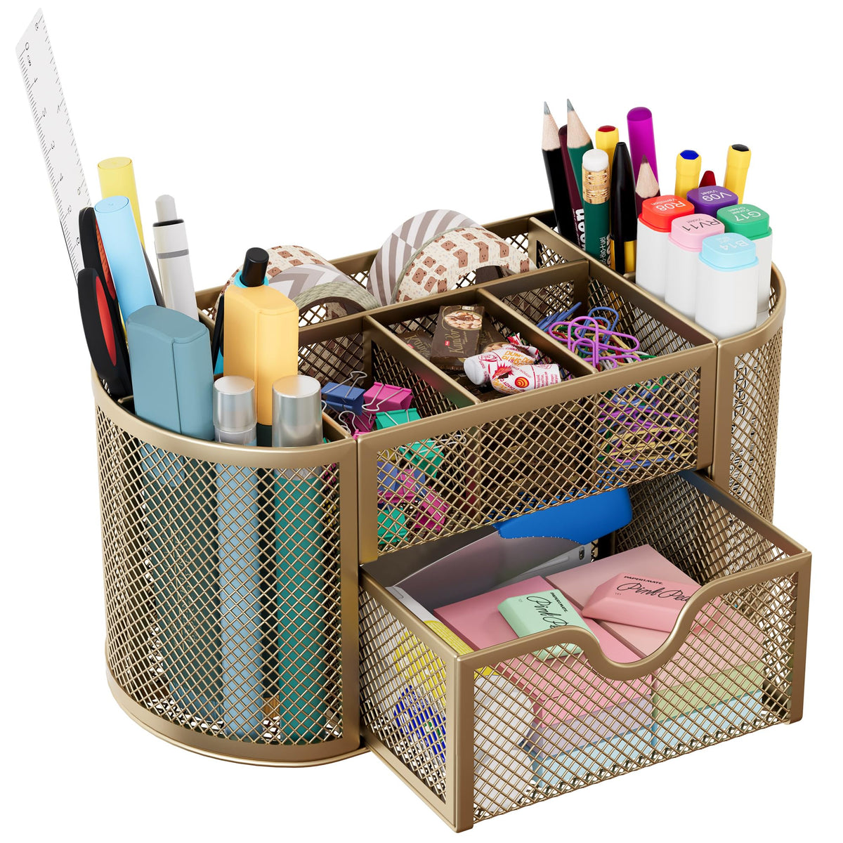 EasyPAG Mesh Pen Holder Desk Organizer with Drawer Stationery Supplies Organizer for Dorm School 9 Compartments Workspace Desk Accessories Organization for Office, Black