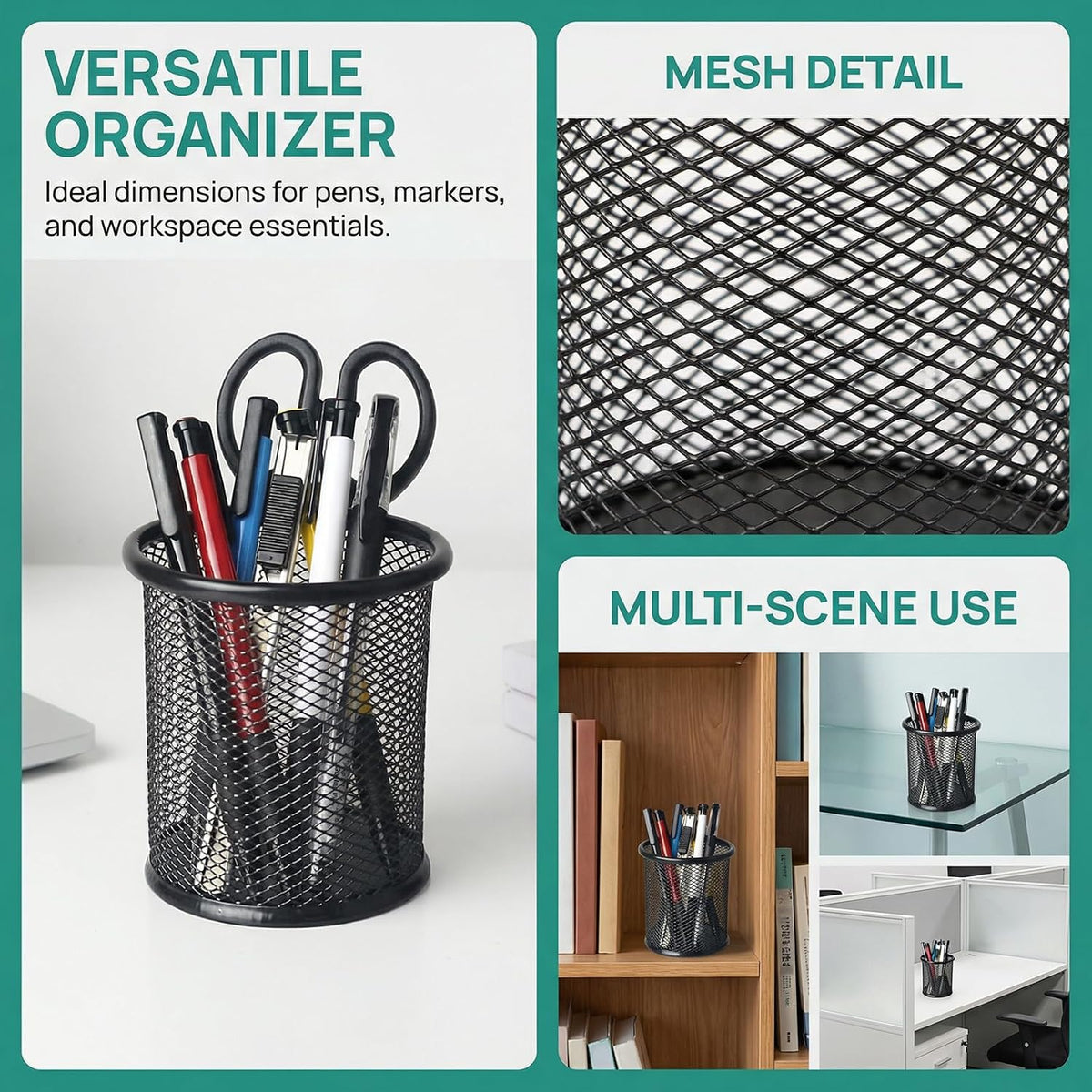 Nicunom 12 Pack Metal Pen Holder Wire Mesh Pen Cup Pencil Holder Pencil Cup for Desk Office Pen Organizer, Black