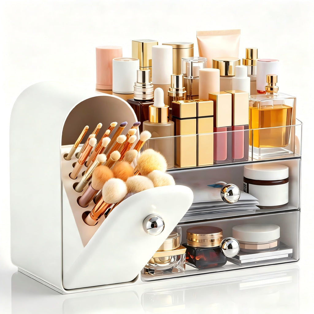 HBlife Makeup Organizer Countertop with Drawers, Vanity Organizers with Brush Holder, Bathroom Counter Organizer for Perfume, Nail Polishes, Lipsticks, Skincare and Eyeshadow Palettes, White