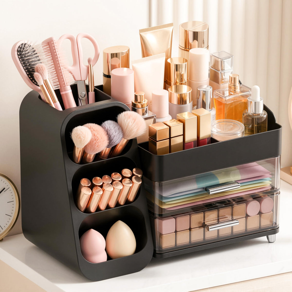 Large Capacity Makeup Organizer Countertop with Makeup Brush Holder for Vanity, Thickened Material, Bathroom Countertop Organizer Skin Care Perfumes Storage, Teen Girl Gifts for 12-23 Year（white）