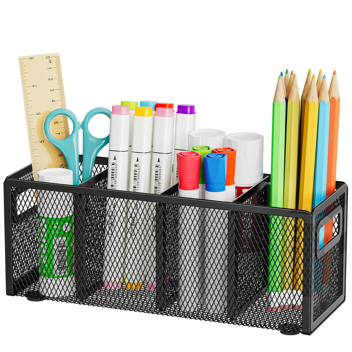 Marbrasse Mesh Pen Holder for Desk, Pencil Holder Desk Organizer 3 Adjustable Compartments, Pencil Cup with Handle Perfect for Classroom, Office, Home, Makeup, Art (Black)