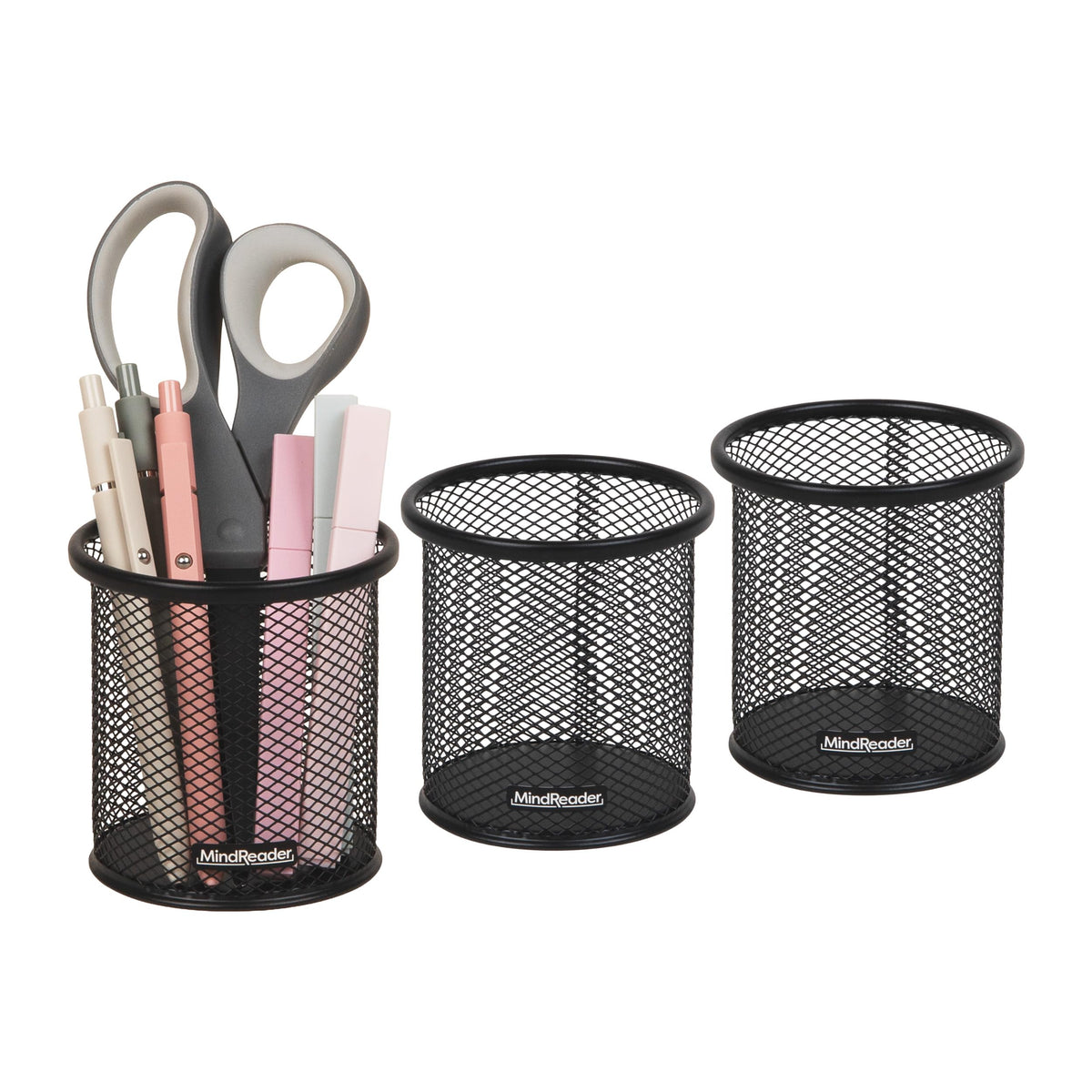 Mind Reader Pen and Accessories Holder, Desktop Organizer, Office, Metal Mesh, 3.5"L x 3.5"W x 3.75"H, Set of 3, Black