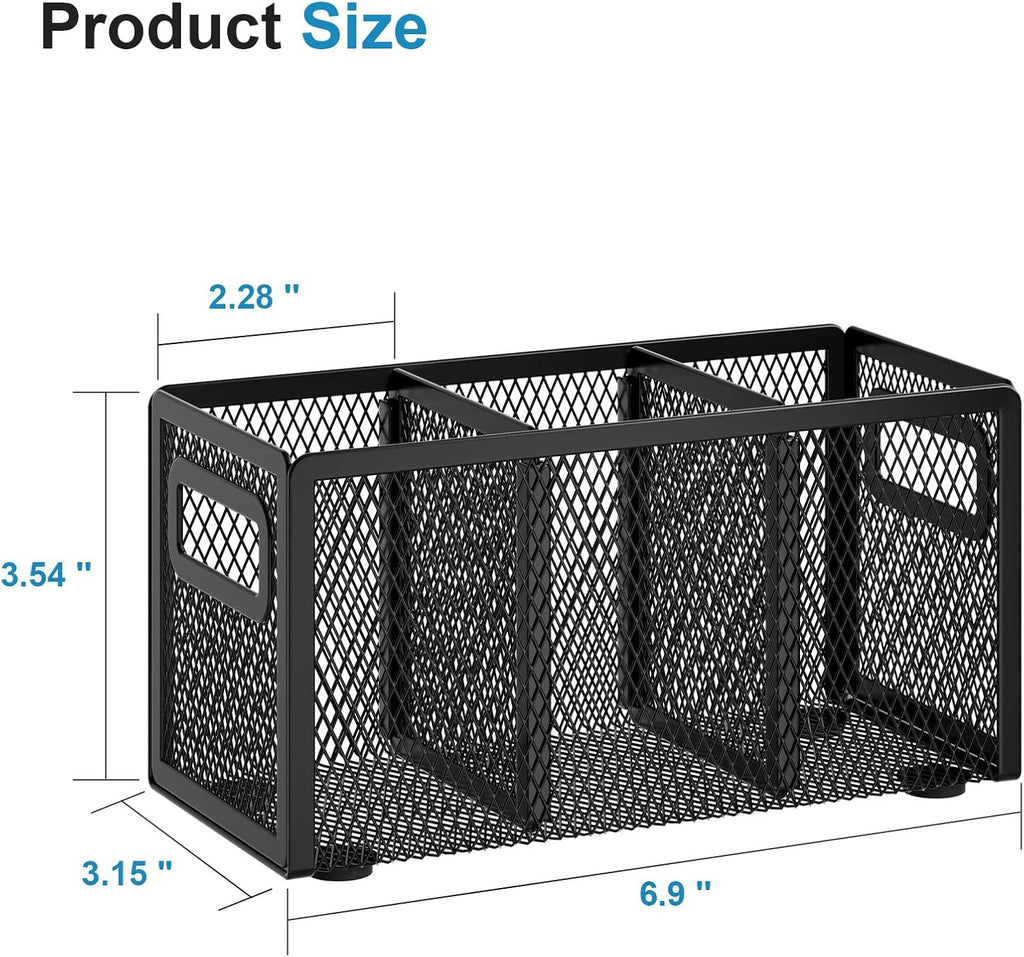 Marbrasse Mesh Pen Holder for Desk, Pencil Holder Desk Organizer 3 Adjustable Compartments, Pencil Cup with Handle Perfect for Classroom, Office, Home, Makeup, Art (Black)