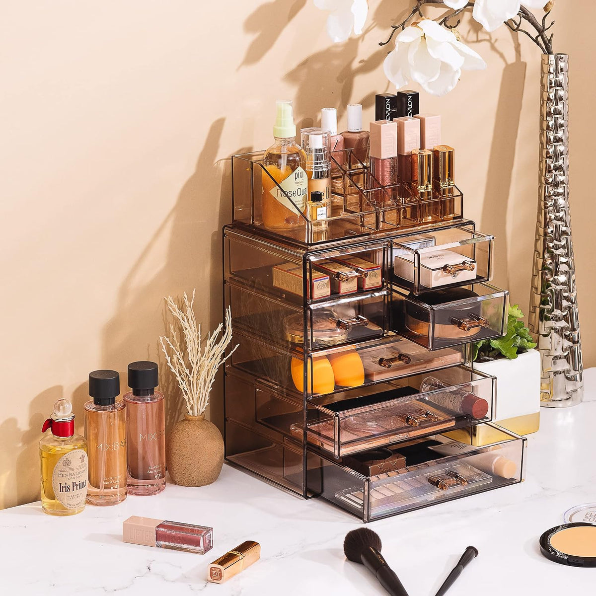 Sorbus Makeup Organizer, 7-Drawer Acrylic 2-Piece Set (Bronze Glow)