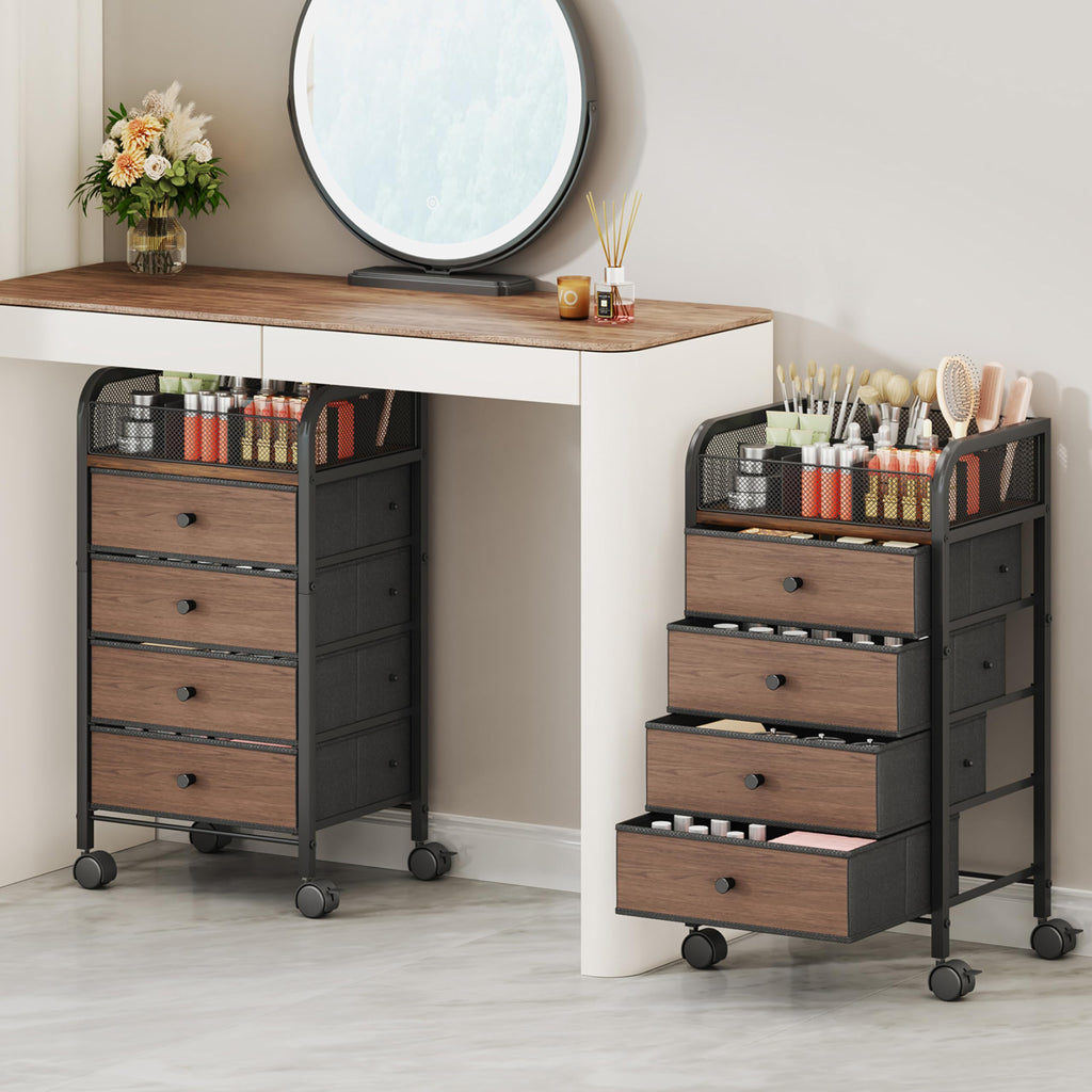 SWTYMIKI Rolling Makeup Organizer Cart - Under Desk Vanity Makeup Storage with 3 Non-woven Drawers, Nail Cart Organizer Cosmetic Display Cases Cabinet for Skin Care Perfume Nail Polish Brush Hair Tool