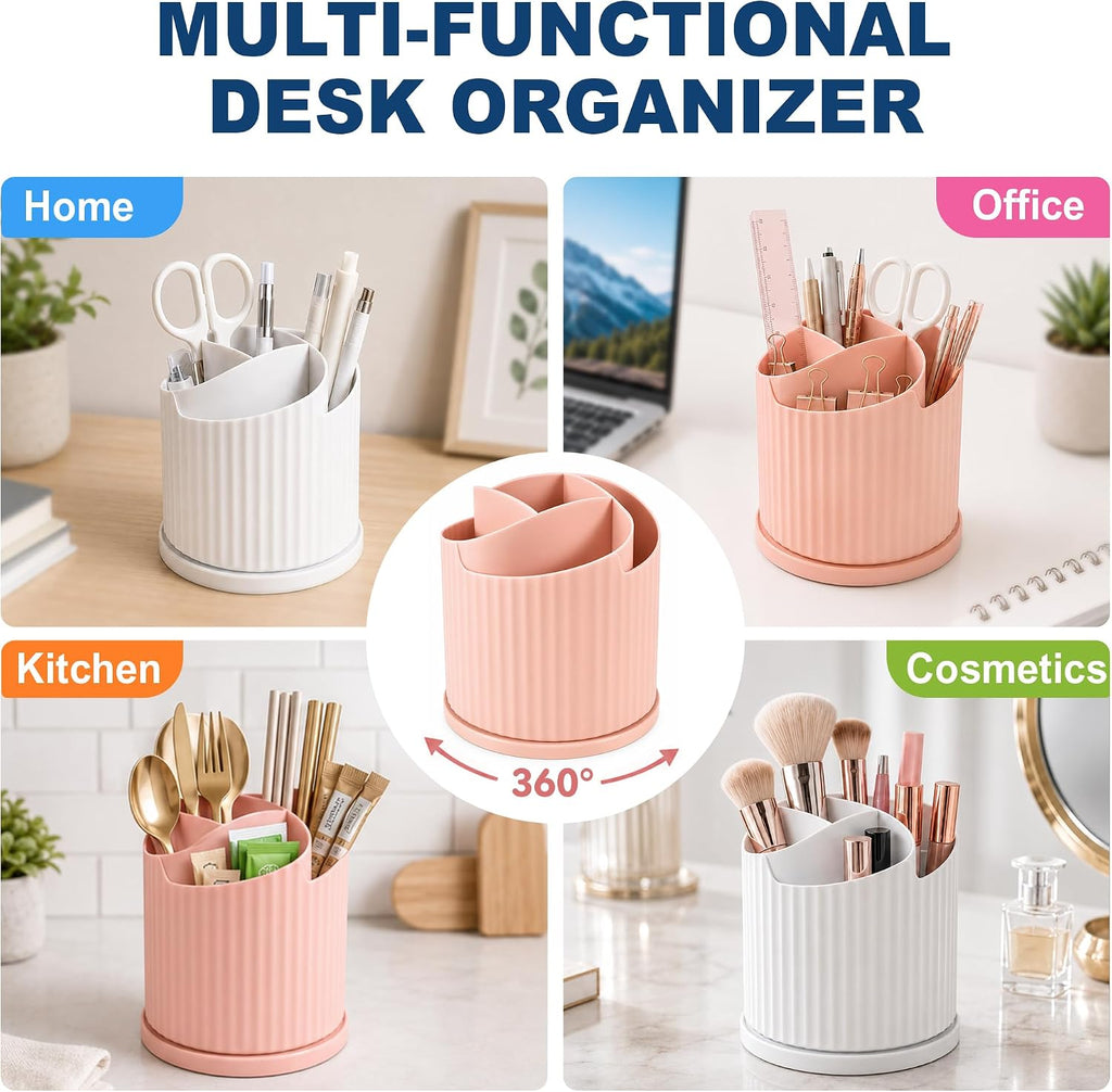 Desk Organizer, 360° Rotating Pen Holder with 5 Compartments, Pink