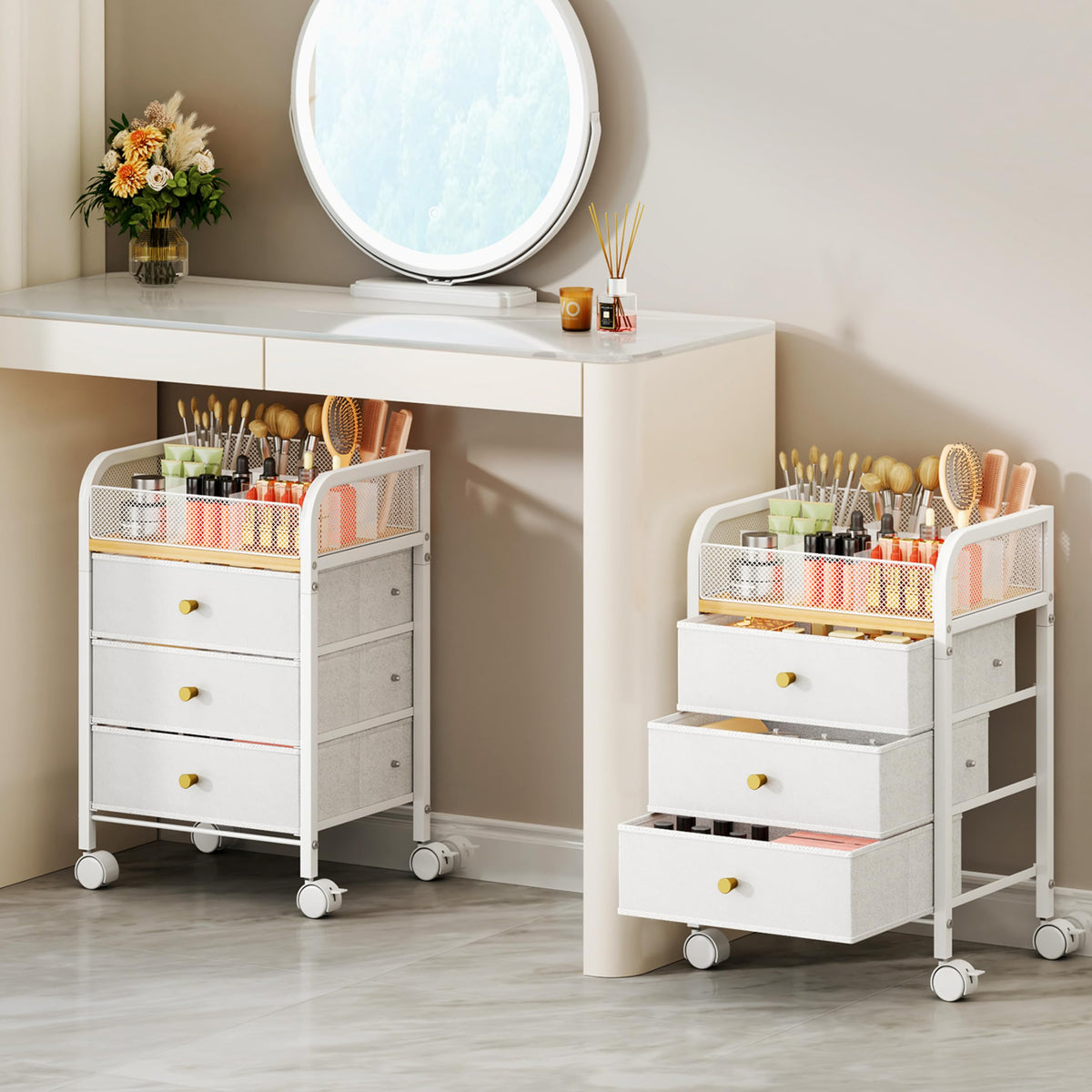 SWTYMIKI Rolling Makeup Organizer Cart - Under Desk Vanity Makeup Storage with 3 Non-woven Drawers, Nail Cart Organizer Cosmetic Display Cases Cabinet for Skin Care Perfume Nail Polish Brush Hair Tool