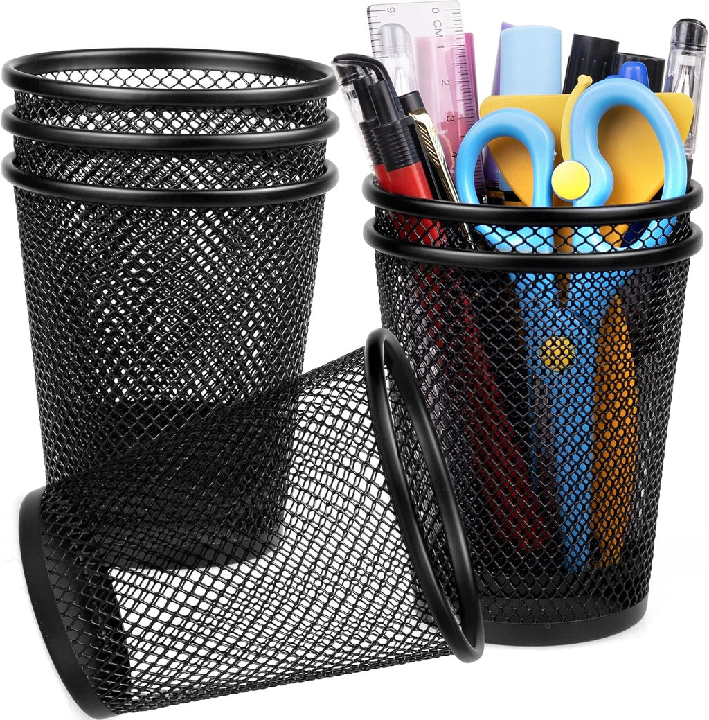 QYH Mesh Pencil Holder for Desk 6 Pack, Metal Pen Cup Black