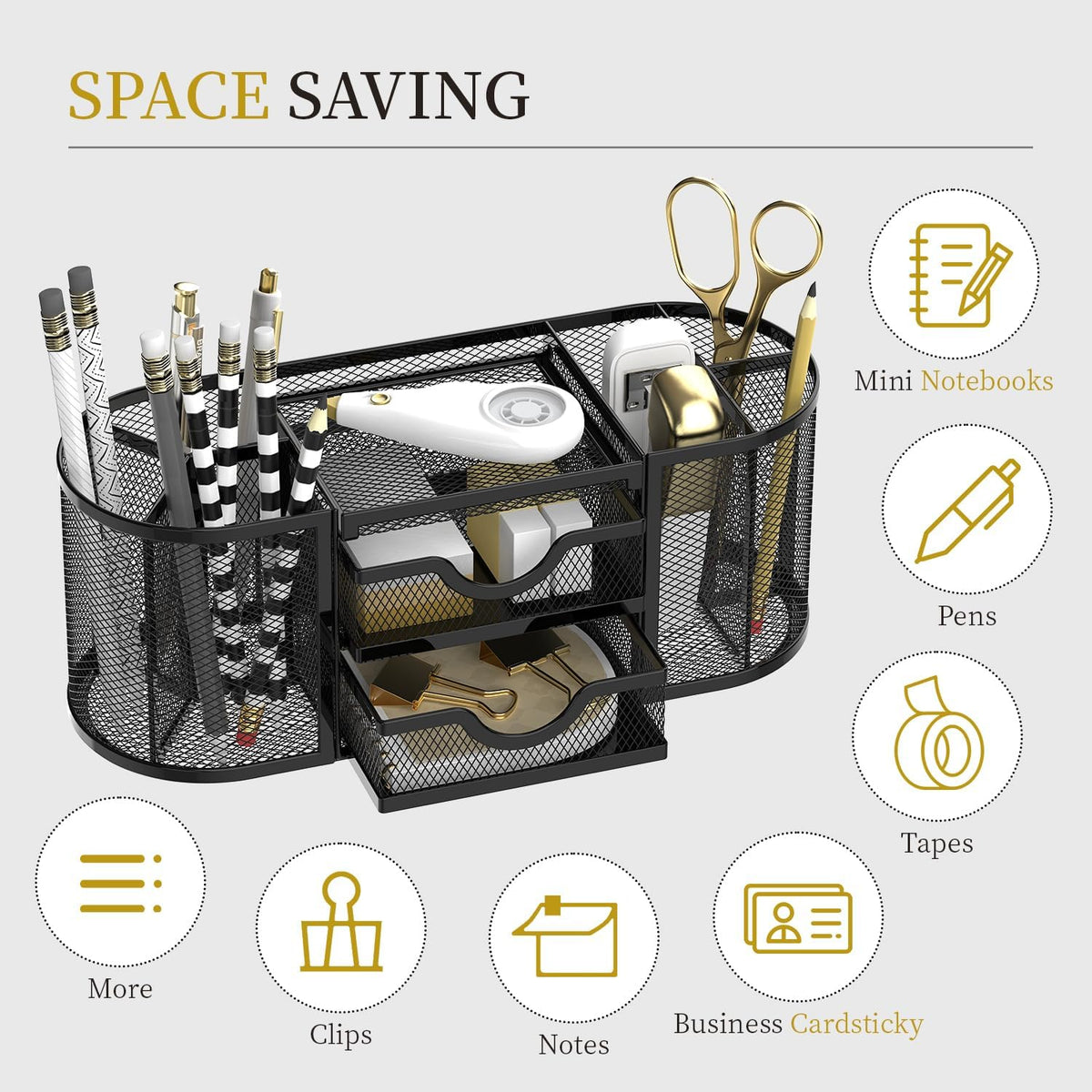SUPEASY Mesh Desk Organizer, Pen Holder for Desk with 2 Drawers, Black