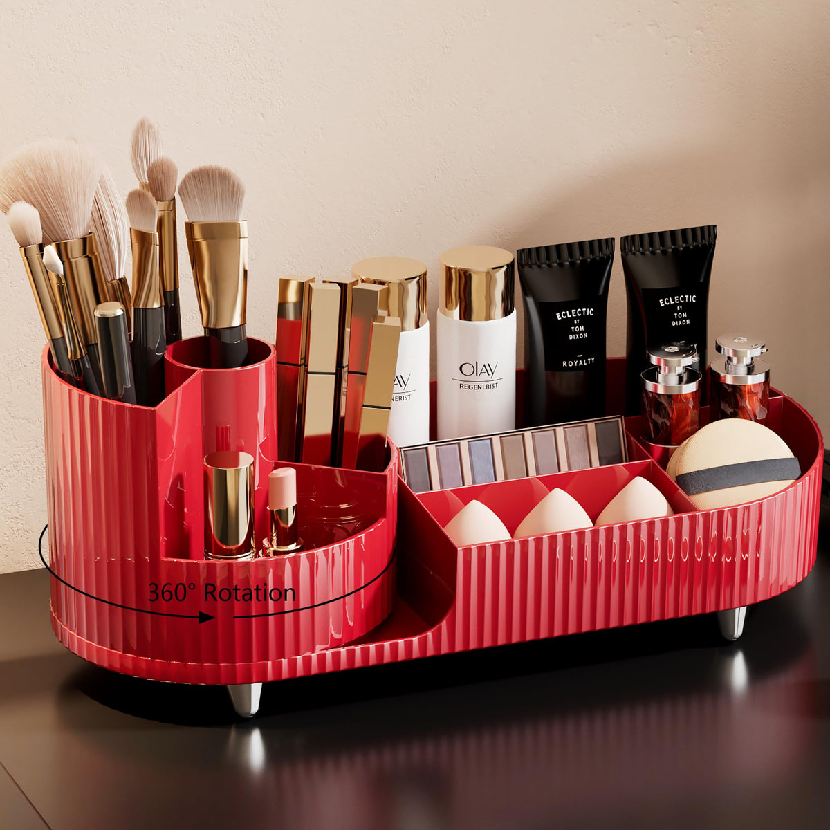 Pink Rotating Vanity Organizer with Brush Holder - Large Spinning Cosmetic Storage, Countertop Makeup & Skincare Organizer, Perfume & Lotions Display Case