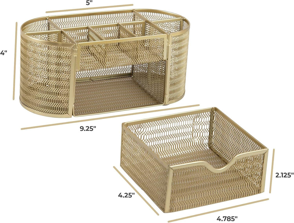 BLU MONACO | Gold Desk Organizer Set with Drawer | Metal Mesh Desk Accessories for Women | Stylish Desktop Organizer for Office Storage, Supplies & Small Stationery