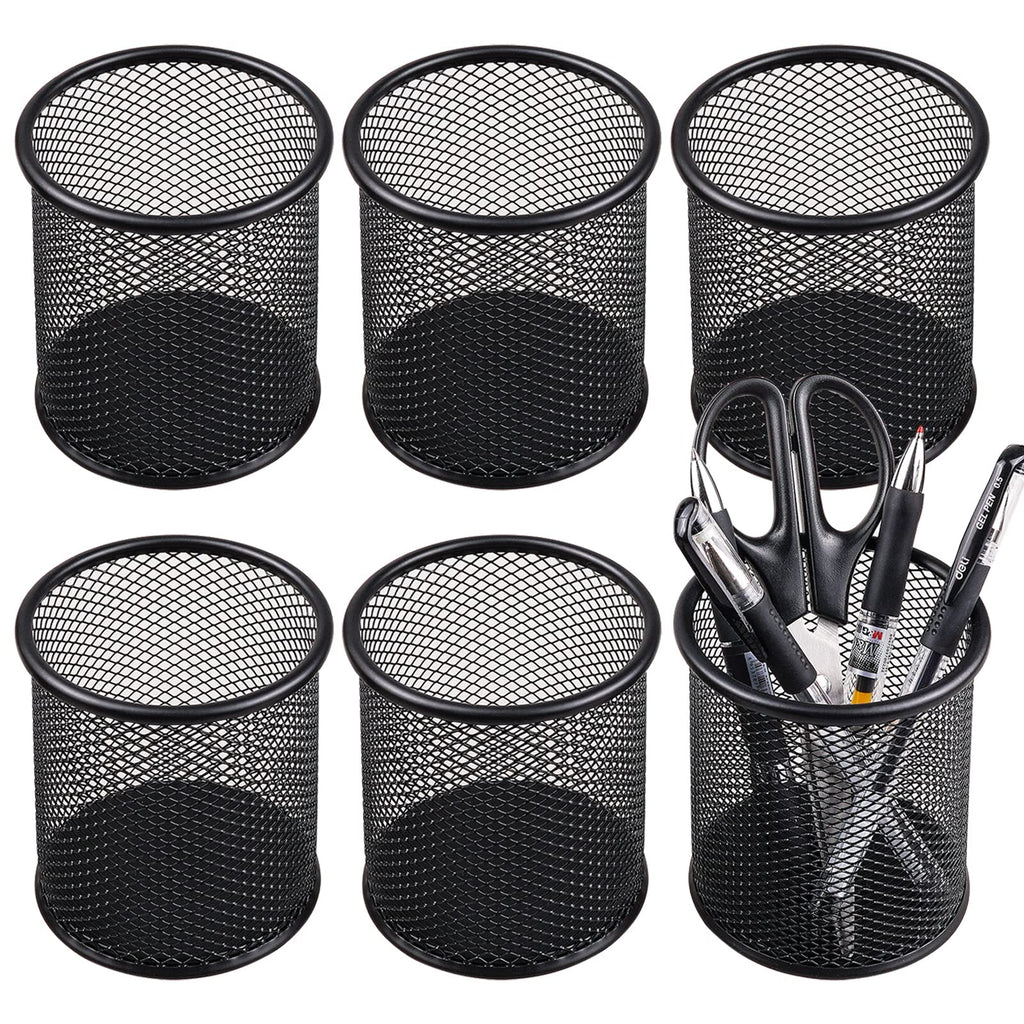 QYH Mesh Pencil Holder for Desk 6 Pack, Metal Pen Cup Black