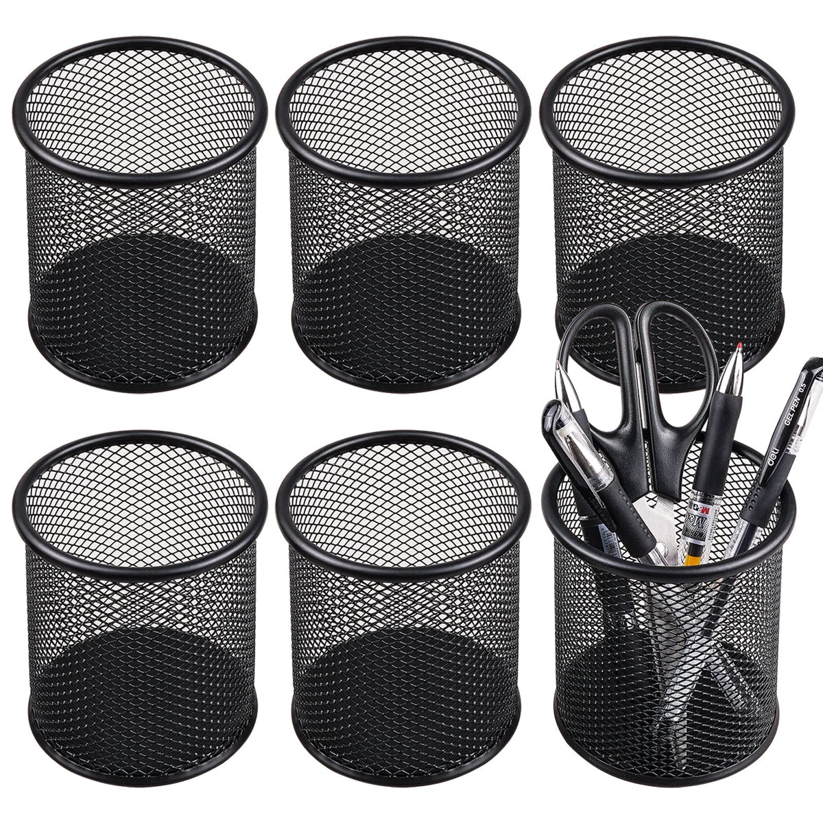 QYH Mesh Pencil Holder for Desk 6 Pack, Metal Pen Cup Black