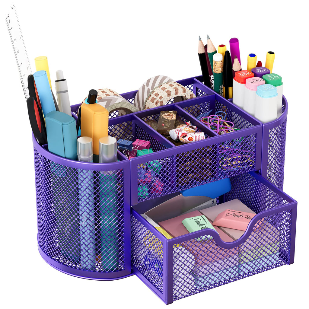 EasyPAG Mesh Pen Holder Desk Organizer with Drawer Stationery Supplies Organizer for Dorm School 9 Compartments Workspace Desk Accessories Organization for Office, Black