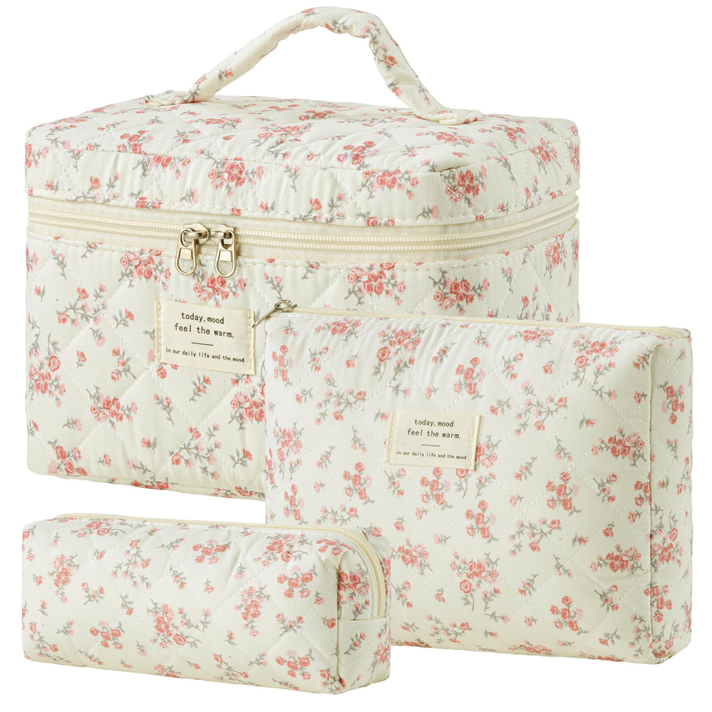HBselect Quilted Makeup Bag, 3Pcs Cotton Large Travel Makeup Bags Organizer