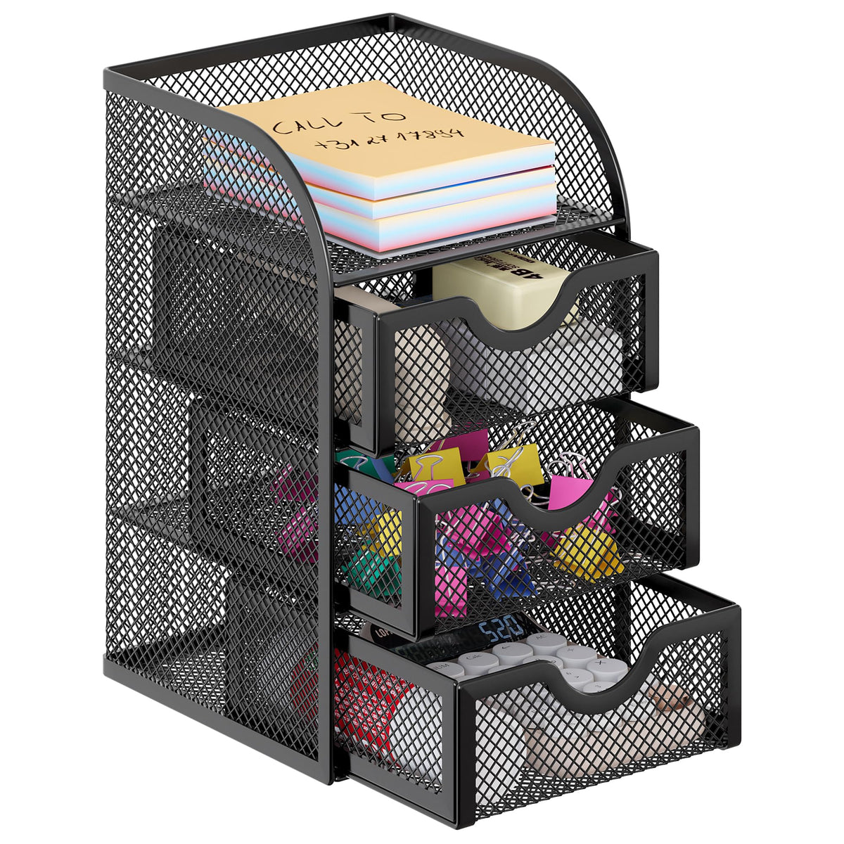 EasyPAG Mesh Desk Organizer with 3 Drawer Office Desktop Organizers and Accessories Stationery Caddy for Office, Home, Students, Pink
